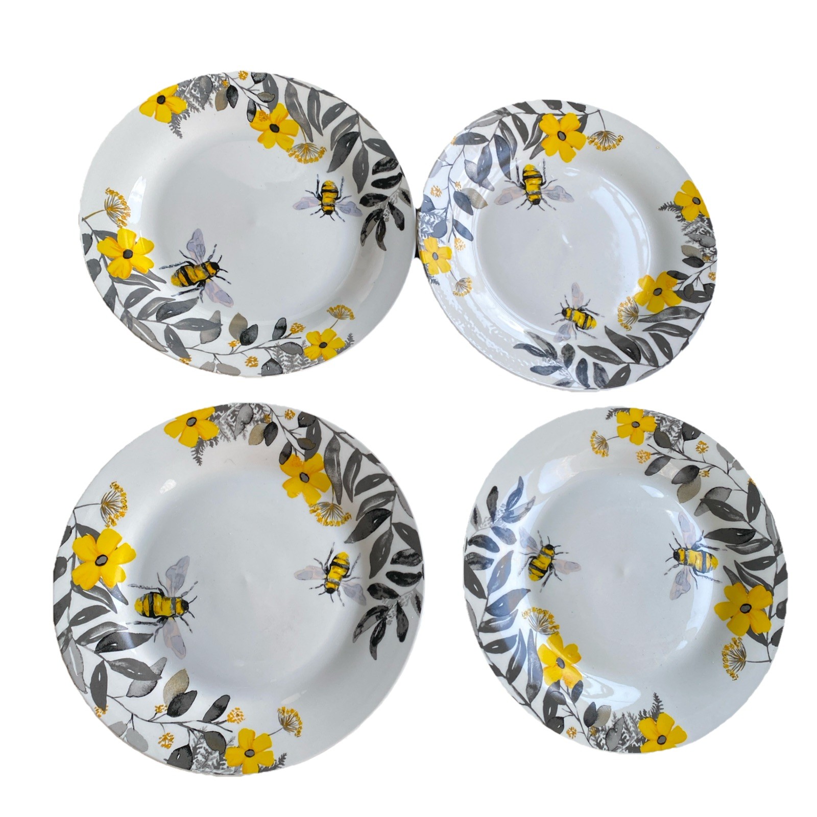 SET OF 4 - Royal Norfolk Honey Spring Bee & Yellow Flower Dinner Plates 10.5”