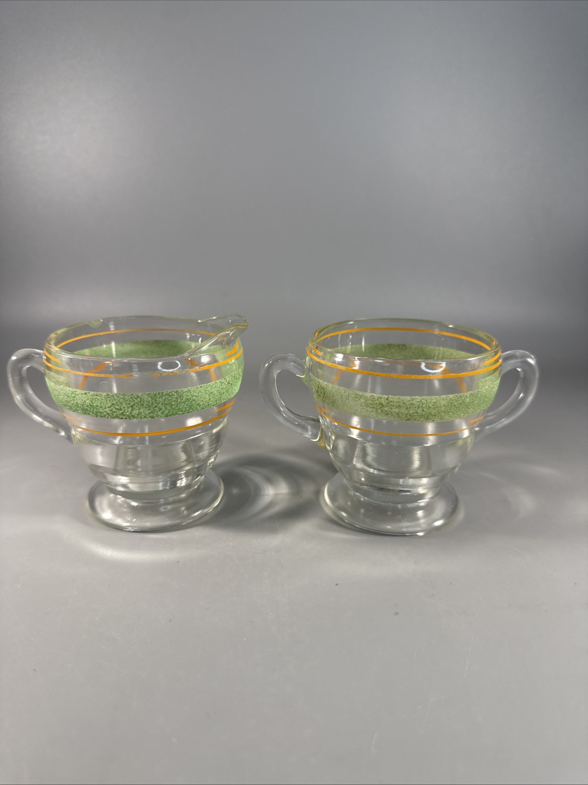 Vintage Anchor Hocking Bartlett Collins Open Sugar Bowl Creamer Green Gold Band