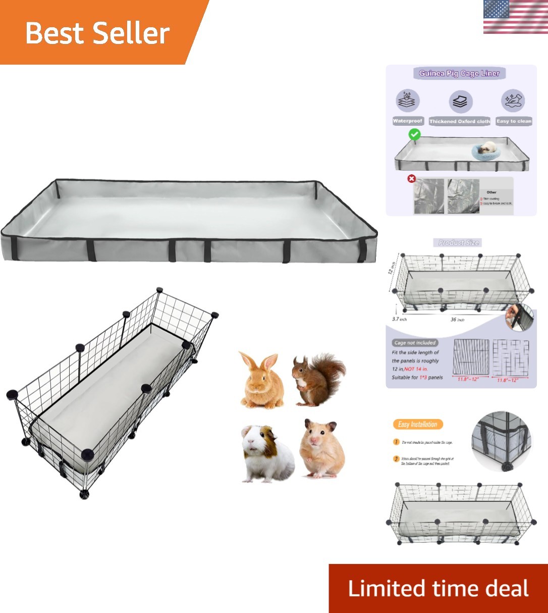 Multi-Purpose 12x36 Waterproof Cage Liner for Guinea Pig, Rabbit & Hedgehog