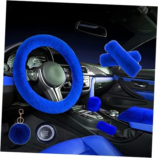  1 Set 8 Pieces Fluffy Steering Wheel Cover Set,Warm Soft Fuzzy Royal blue