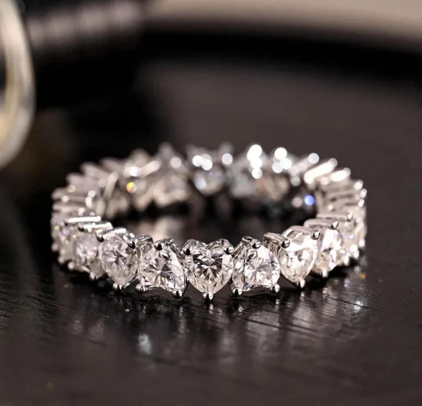3 MM Heart Cut VVS1 Moissanite Full Eternity Wedding Band Solid 10K White Gold