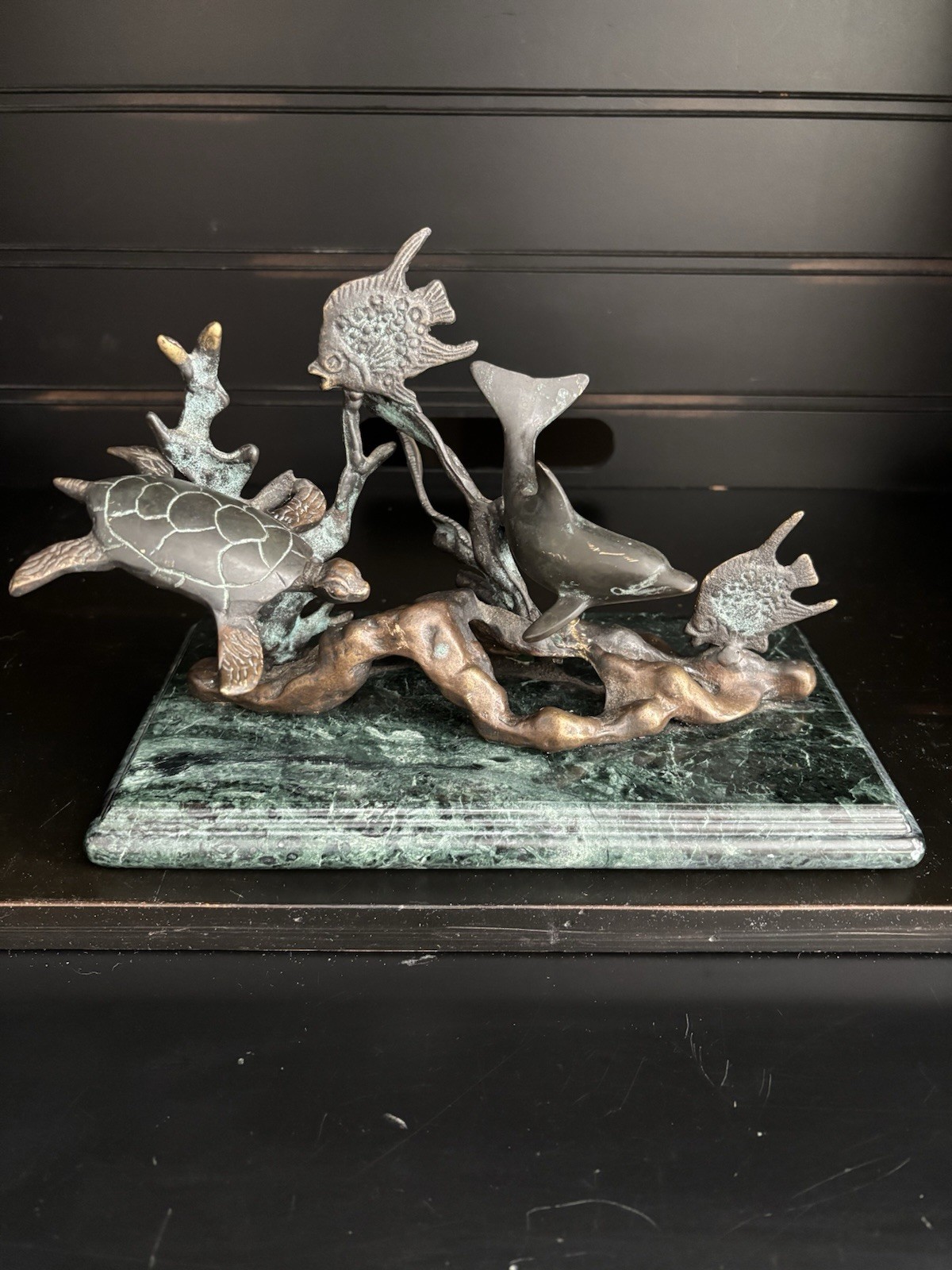 SAN Pacific International SPI Bronze Sculpture Underwater Scene Dolphin, Turtle