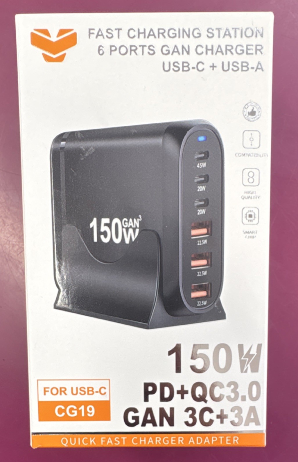 150W GaN 6-Port Fast Charging Station USB-C USB-A PD QC3.0 CG19