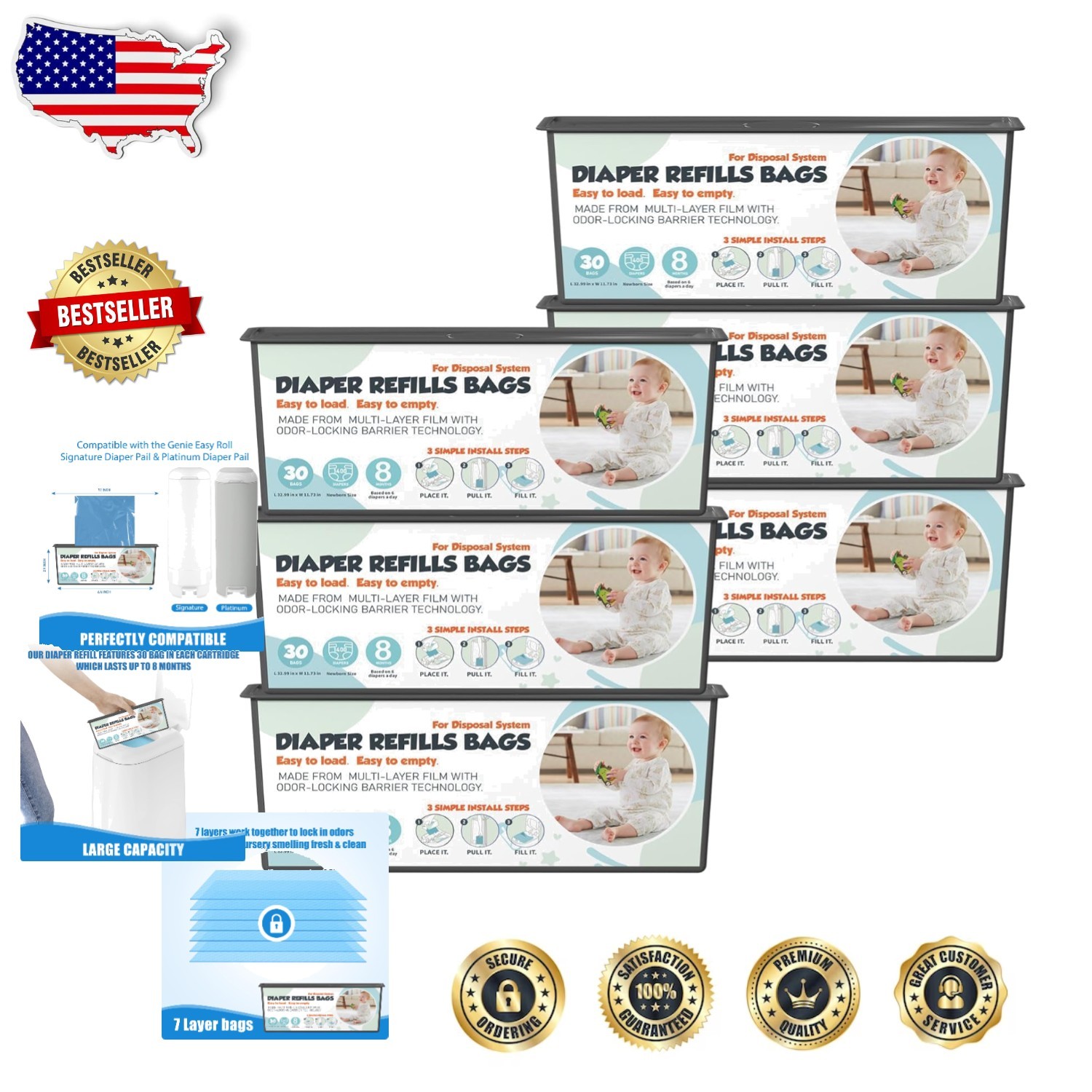 Diaper Pail Refills 180 Bags 7-Layer Odor Lock Compatible Genie Platinum