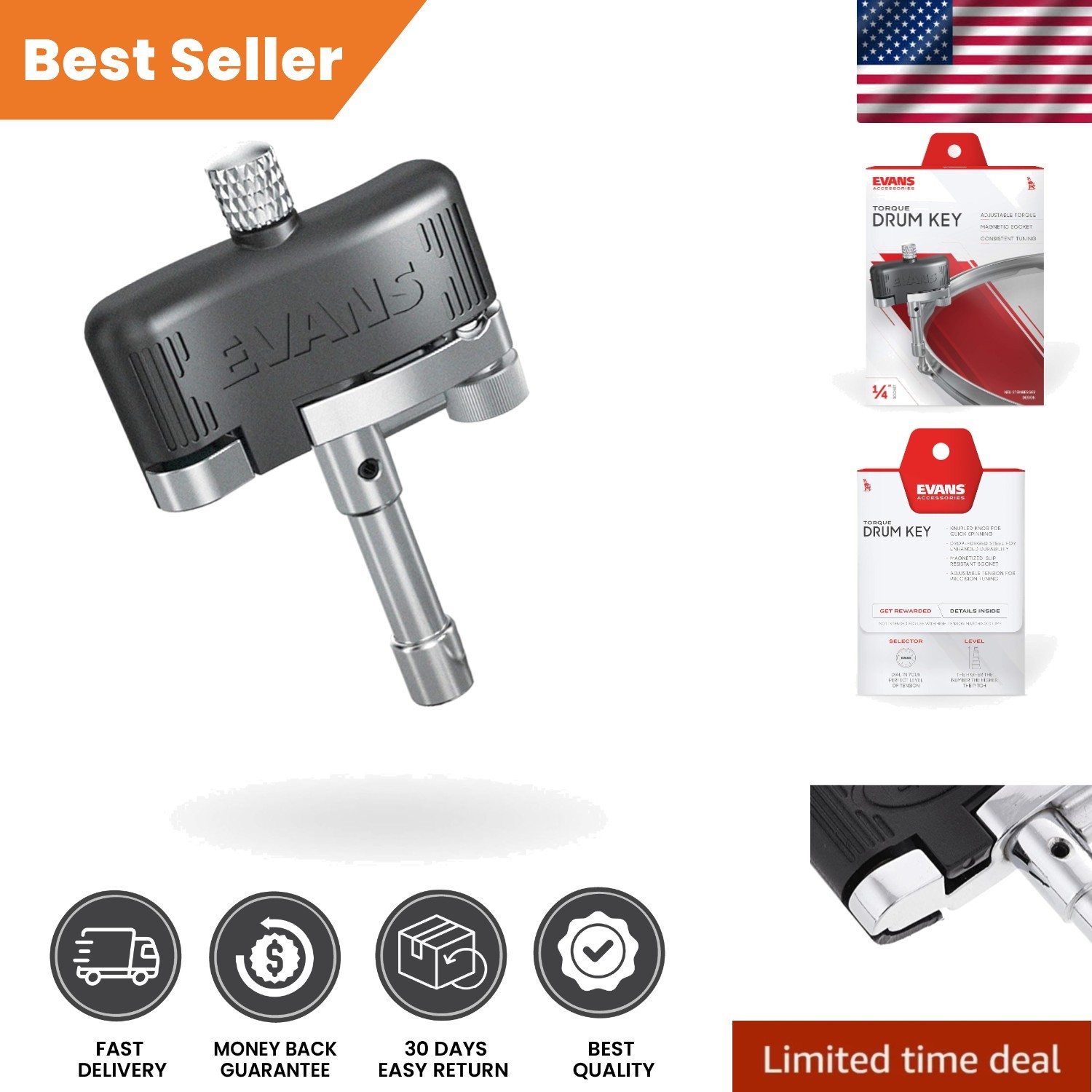 Professional Drum Tuning Key with Tension Setting and Magnetic Head, 8.75"