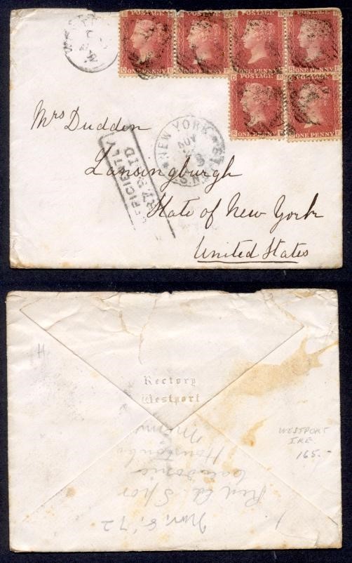 IRELAND 1872 WESTPORT #33(5) SHORT PAID TO USA