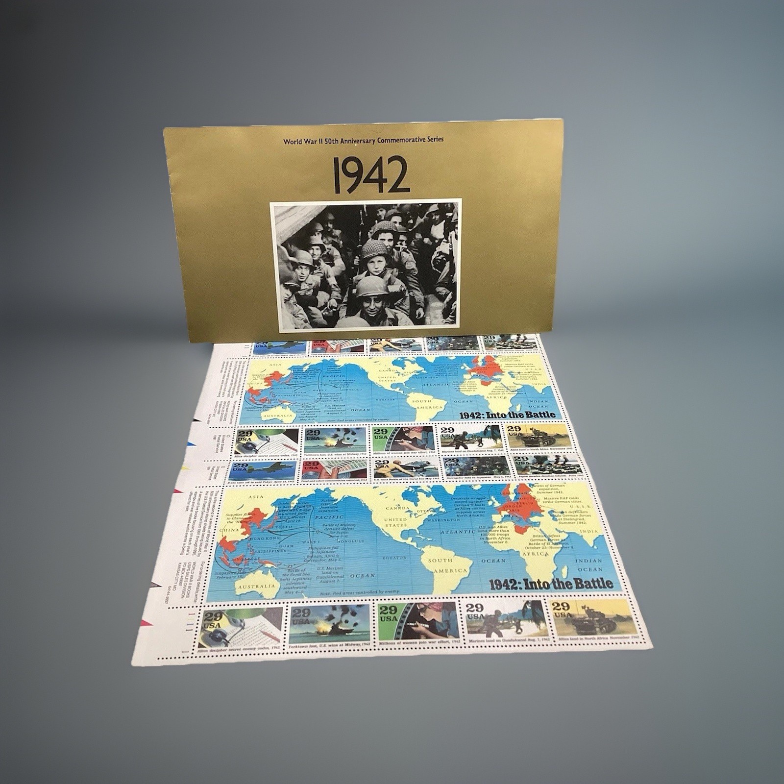 Vtg Set of Postage Stamps "1942: Into The Battle" with Original Brochure