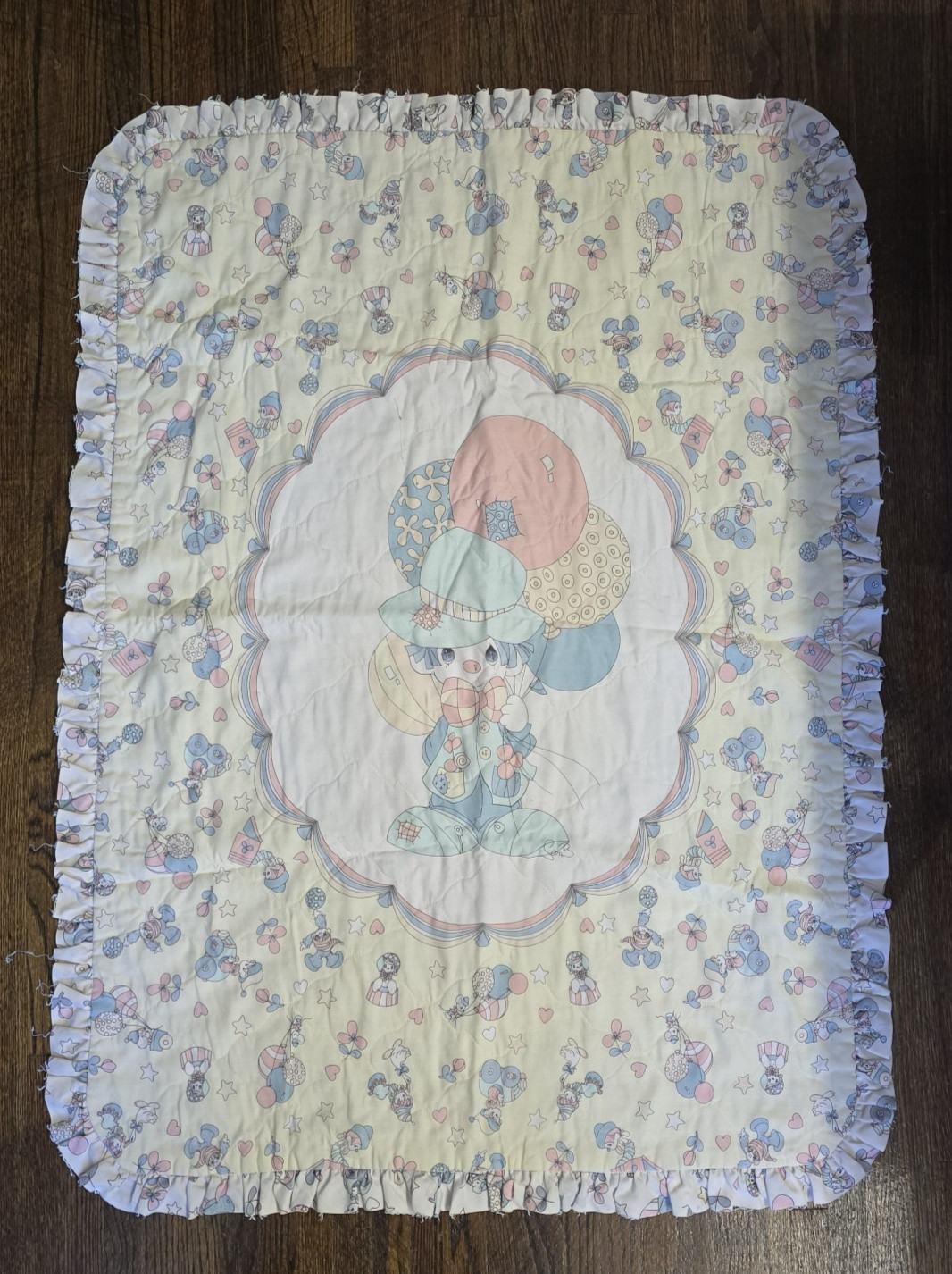 VTG Precious Moments Baby Keepsake Blanket Boy Balloons Ruffle Edge 46x33.5"