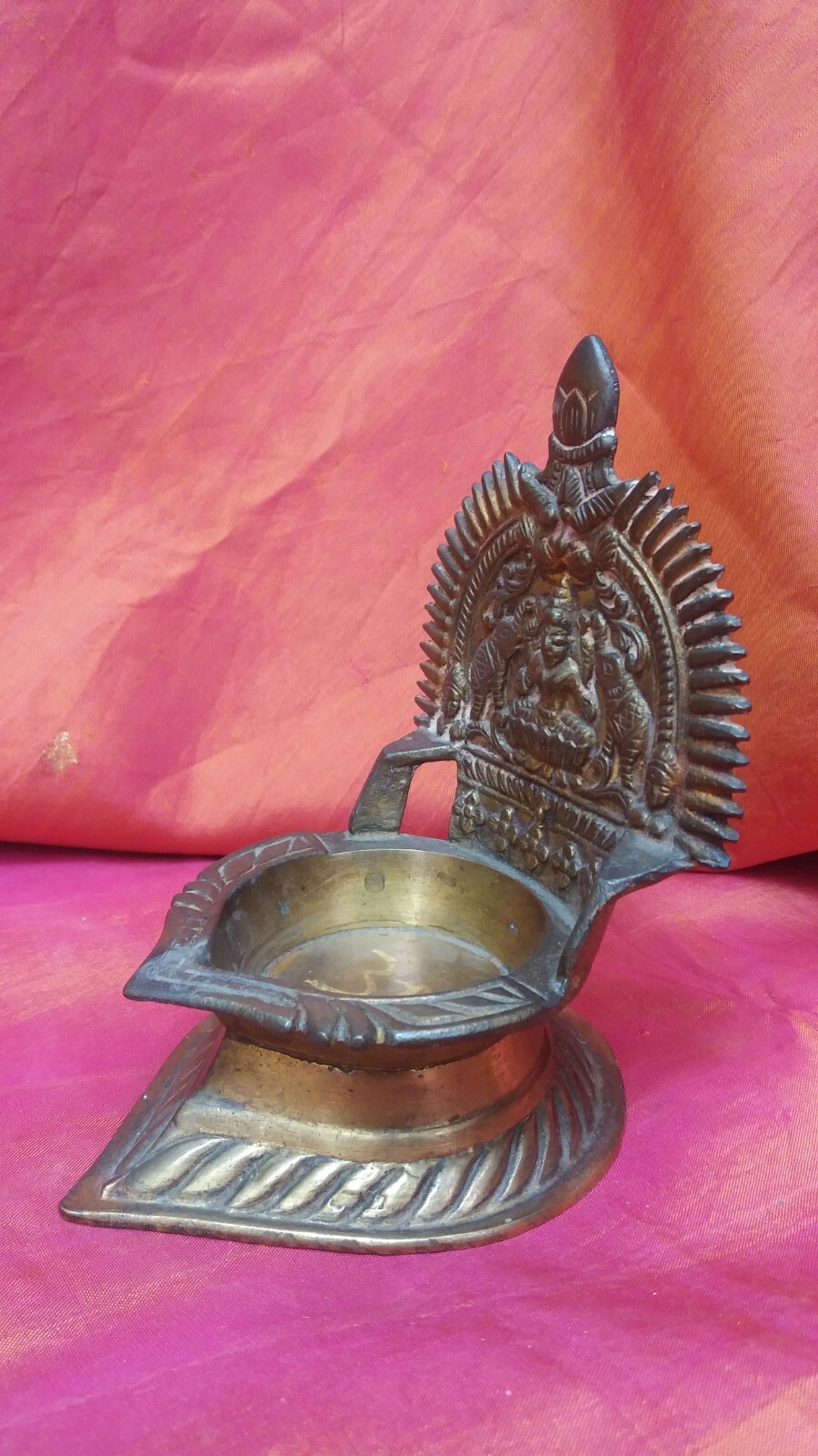 Antique oil lamp of the goddess Lakshmi with elephants, handmade brass,...
