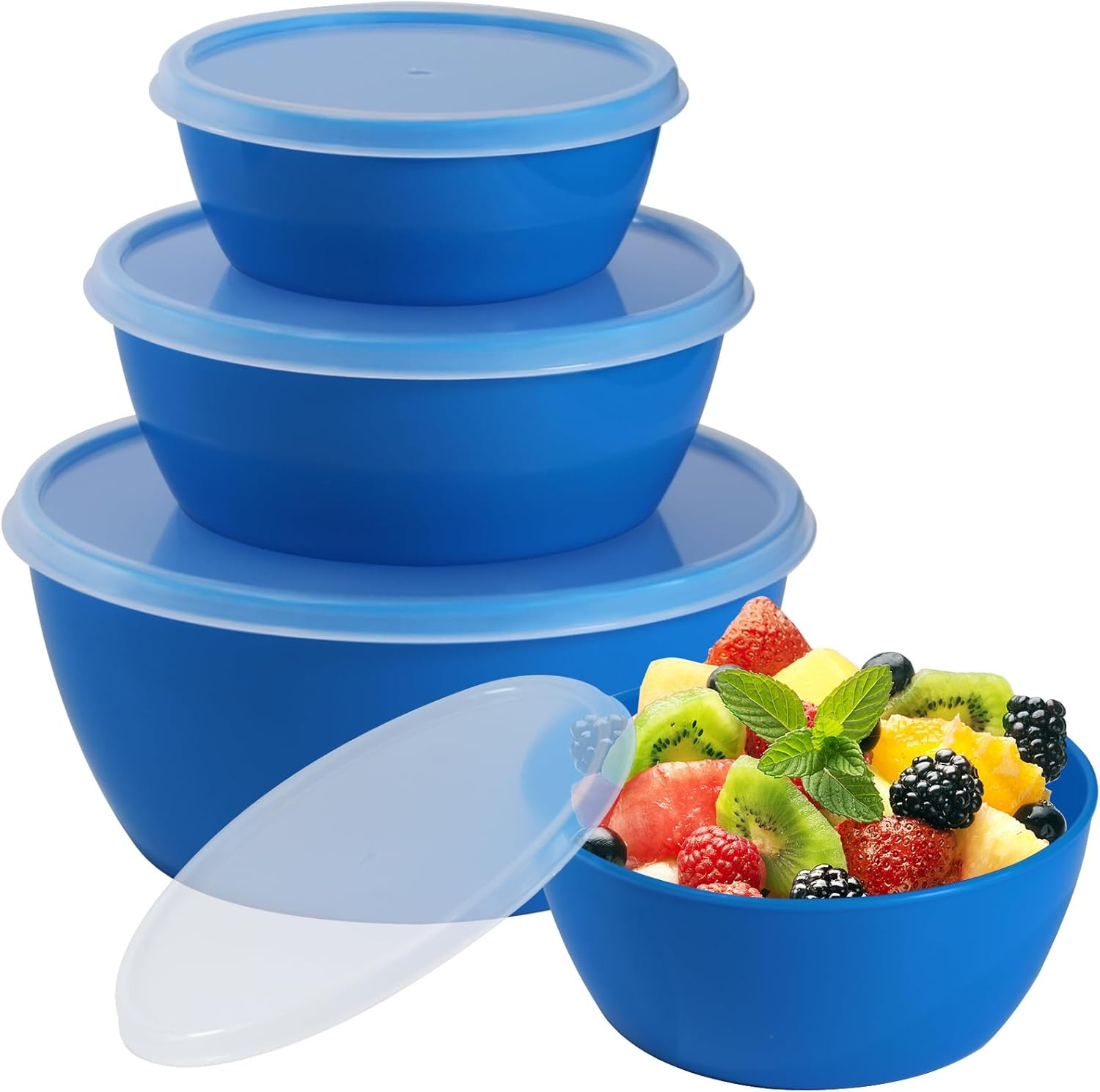 Set of 4 Plastic Prep Bowls with Lids，Microwave and Dishwasher Safe,Ideal for Ba