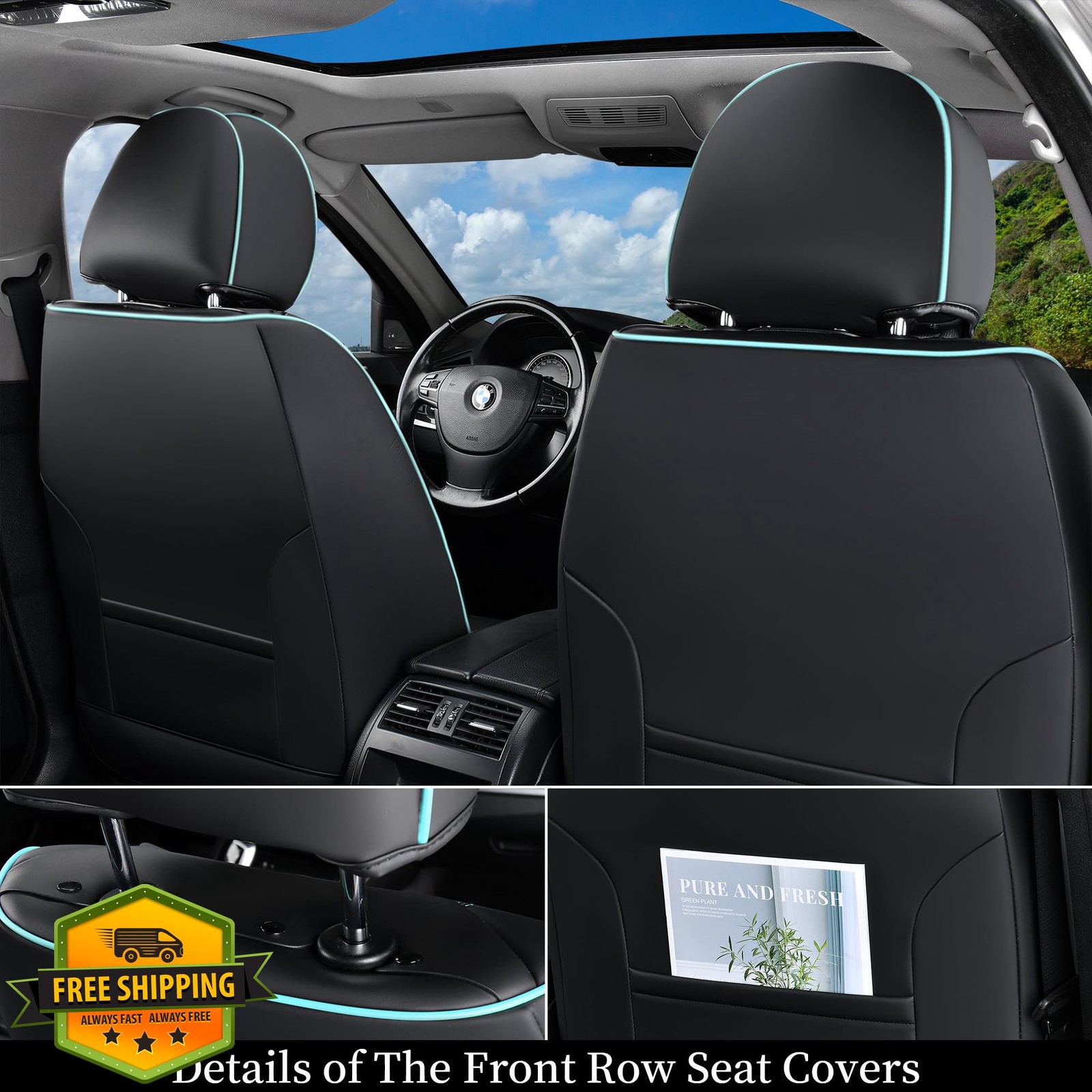 Coverado Universal Car Seat Covers Full Set Faux Leather Black and Blue