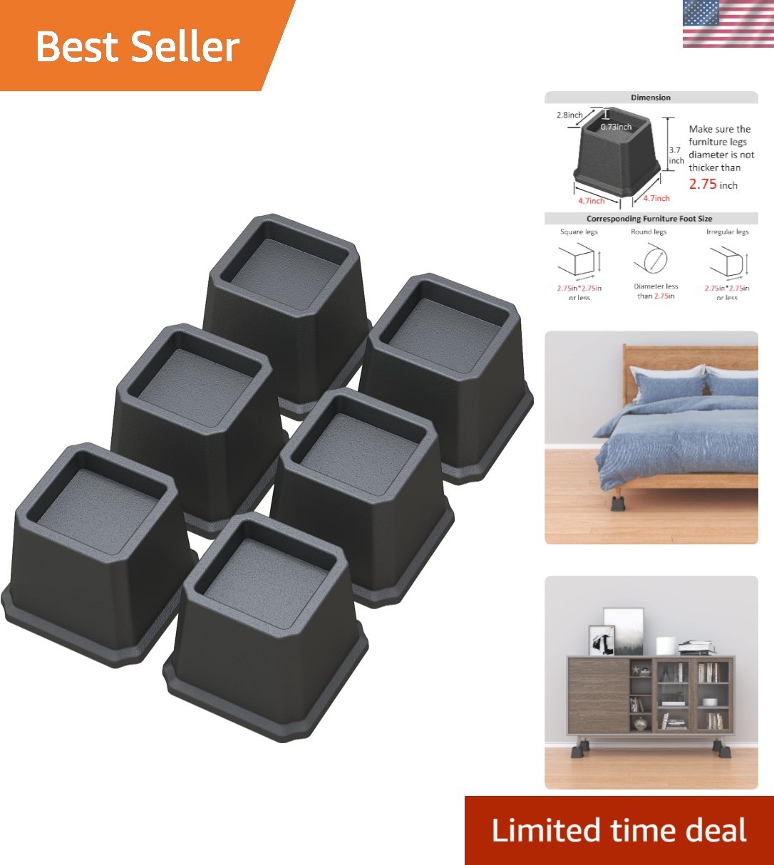 Set of 6 Black 3-Inch Heavy Duty Bed Risers: Elevate and Organize Furniture