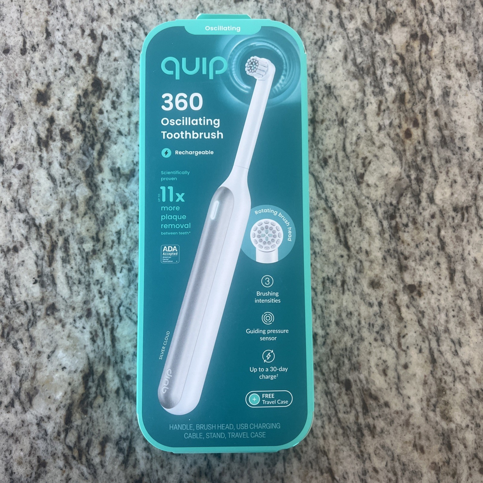 Quip 360 Oscillating Toothbrush Rechargeable w/ Traveling Case-White/Silver!