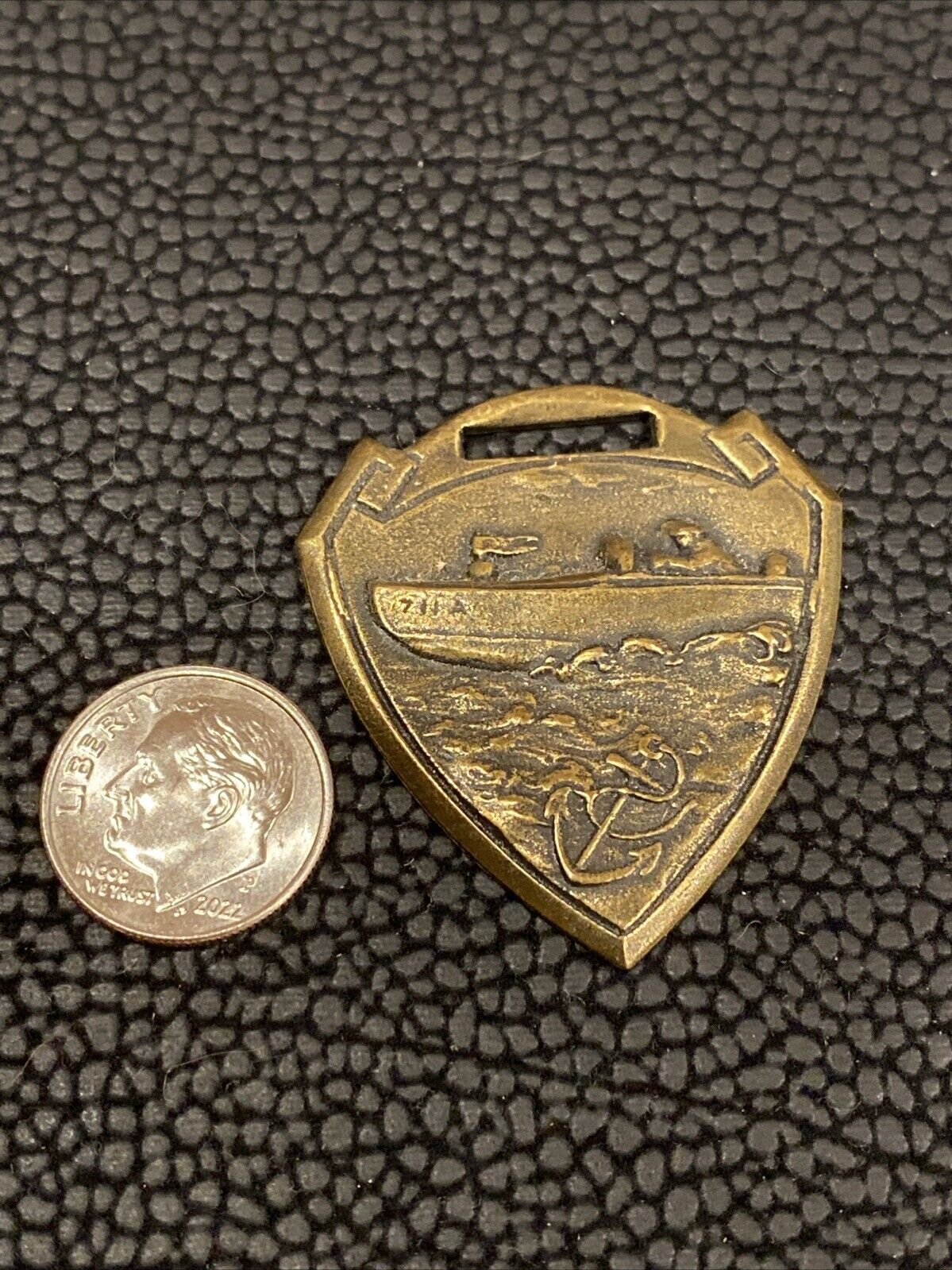 Old Vintage Man in a Speed Boat Watch FOB Charm Pendant Brass Tone Anchor Shield