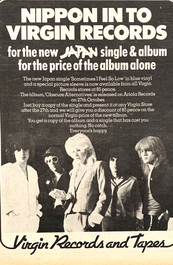 JAPAN 1978 UK PRINT ADVERT OBSCURE ALTERNATIVES David Sylvian VIRGIN RECORDS