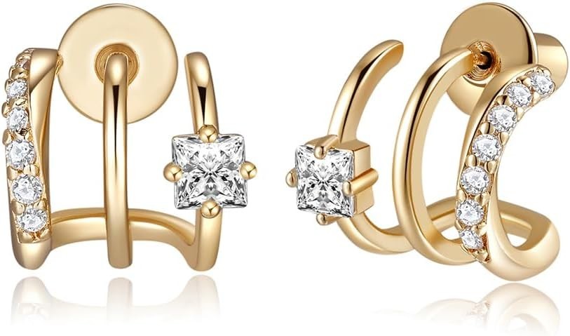 14K Gold Plated Triple Huggie Illusion Stud Earrings | Double Huggie Hoop Earrin