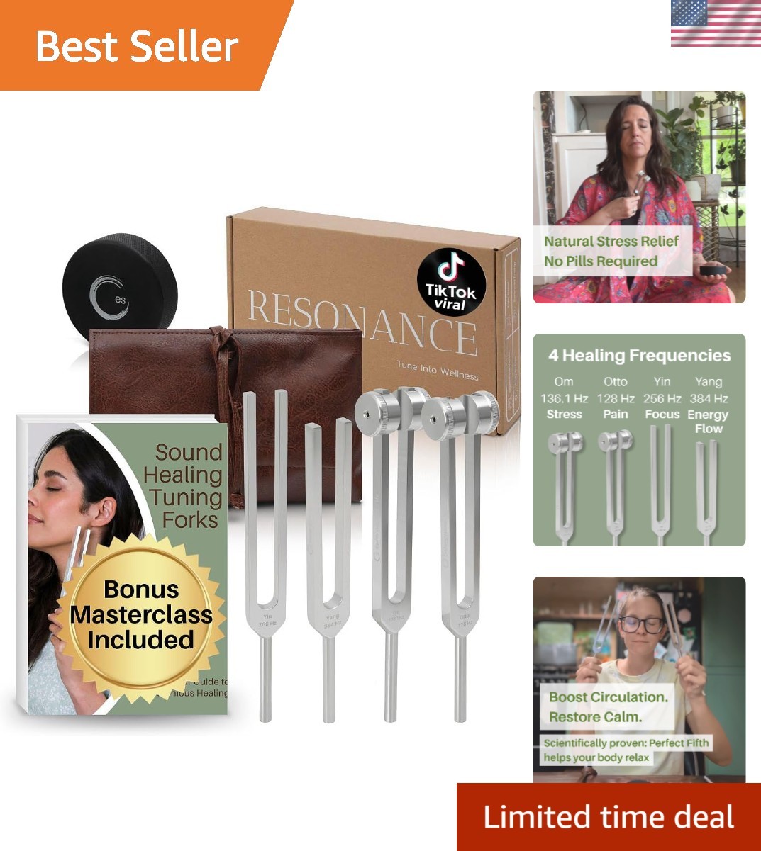 Resonance Tuning Fork for Healing Set – 128Hz, 136.1Hz, 256Hz, 384Hz for Stre...