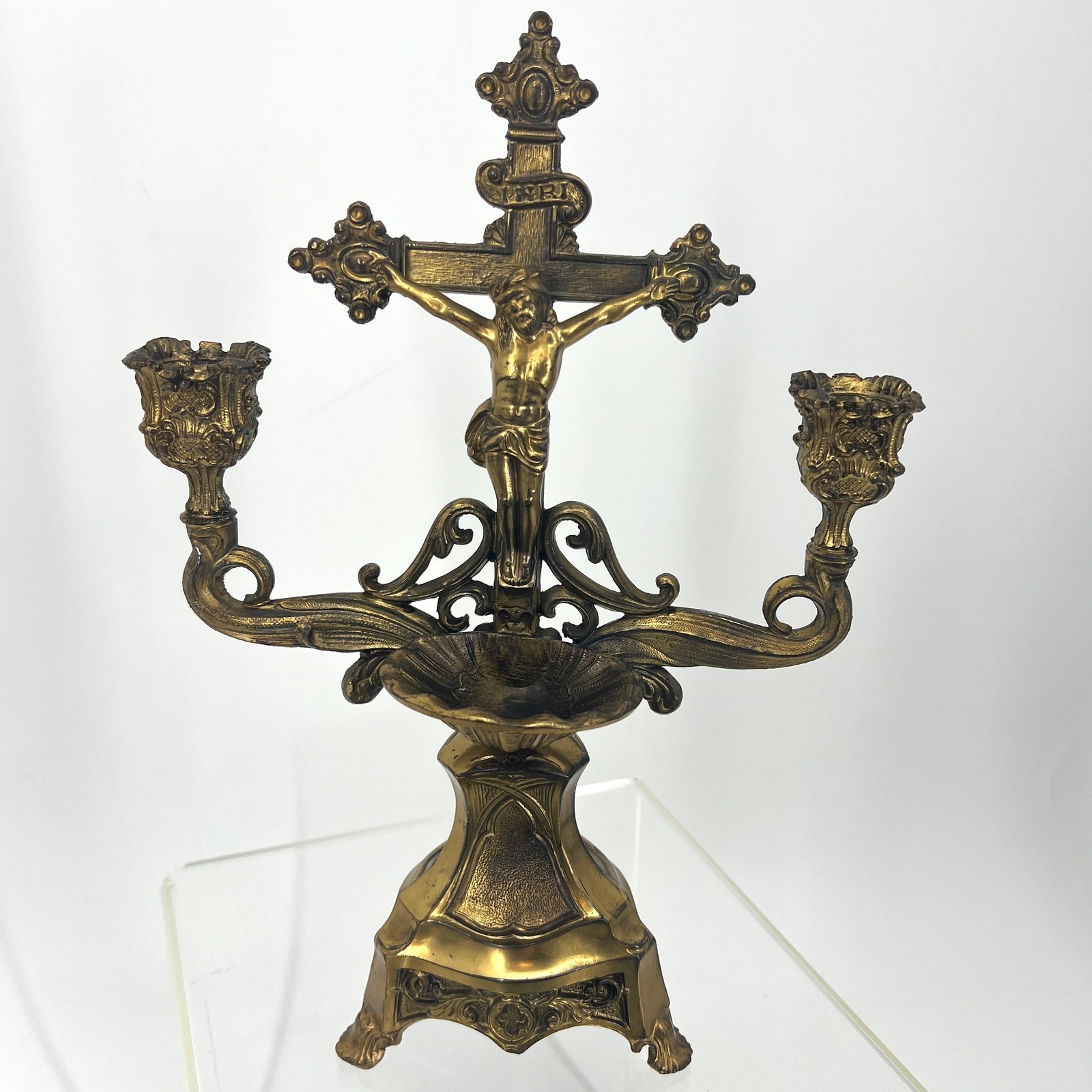 Antique Standing Crucifix Candelabra Holy Water Holder Sick Visit Last Rights