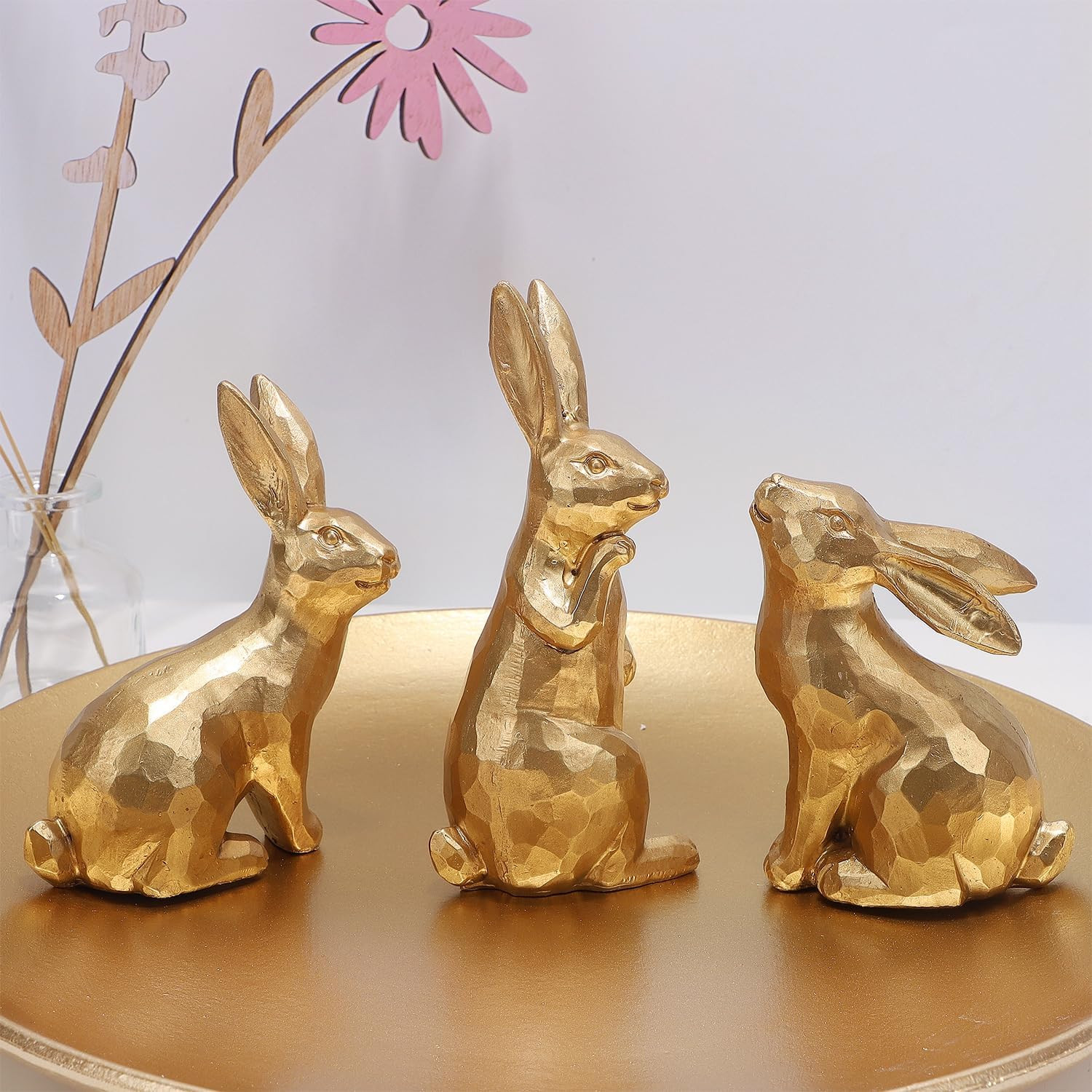 3 Pack Easter Bunny Figurines Decor, Mini Resin Golden Bunnies Spring Sculpture 