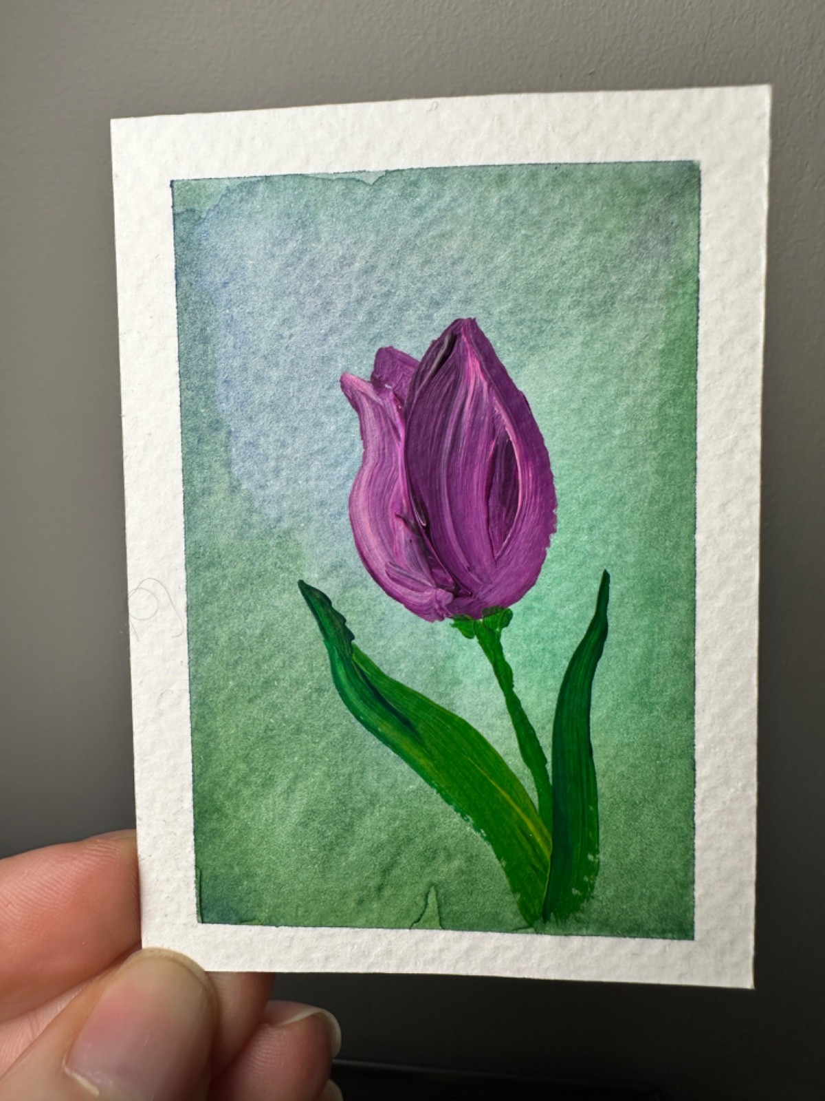 ACEO Original Tulip Flower Purple and Green Springtime Acrylic by YParishStudio