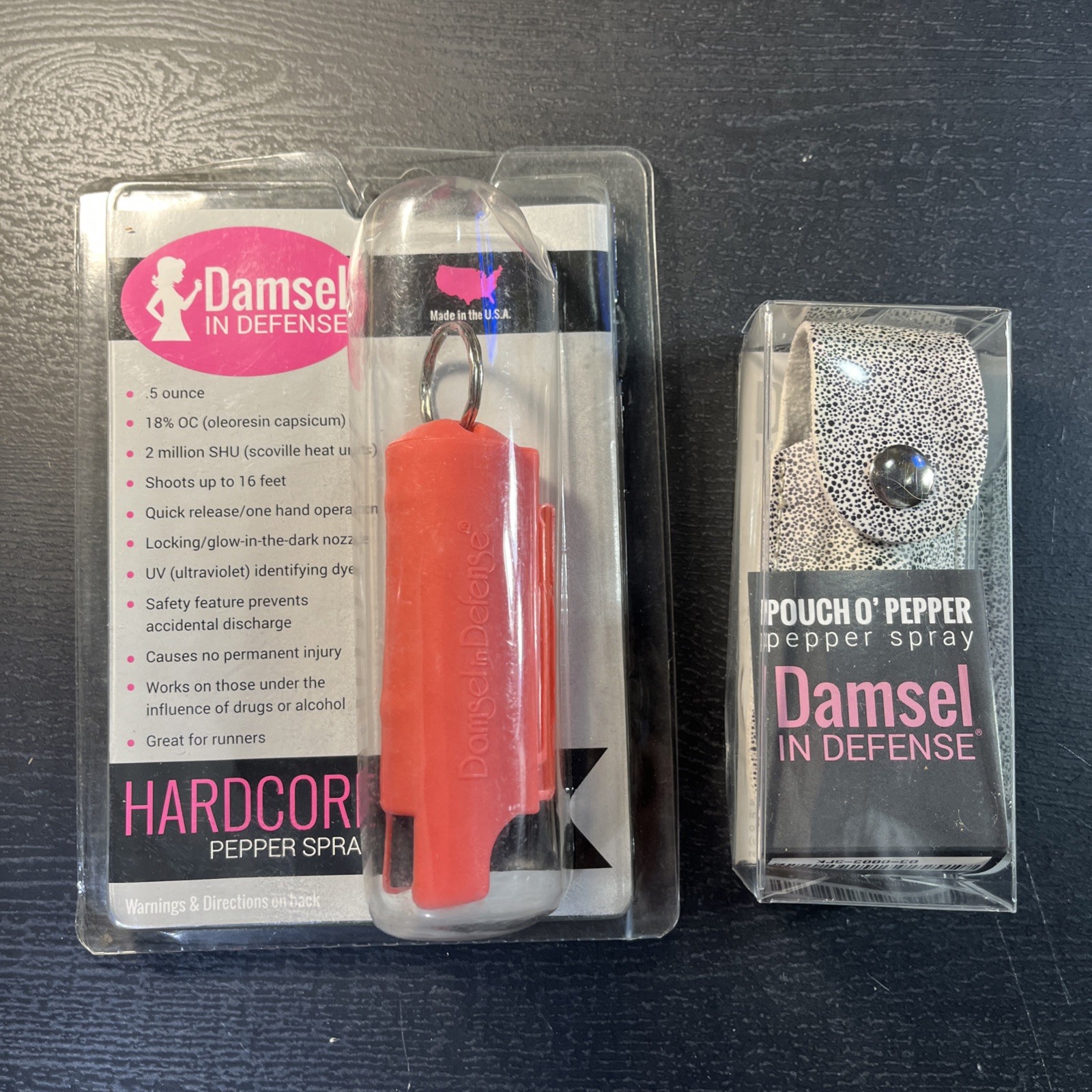 Damsel in Defense Hardcore Pepper Spray Pink Keychain & extra pouch spray. P977 