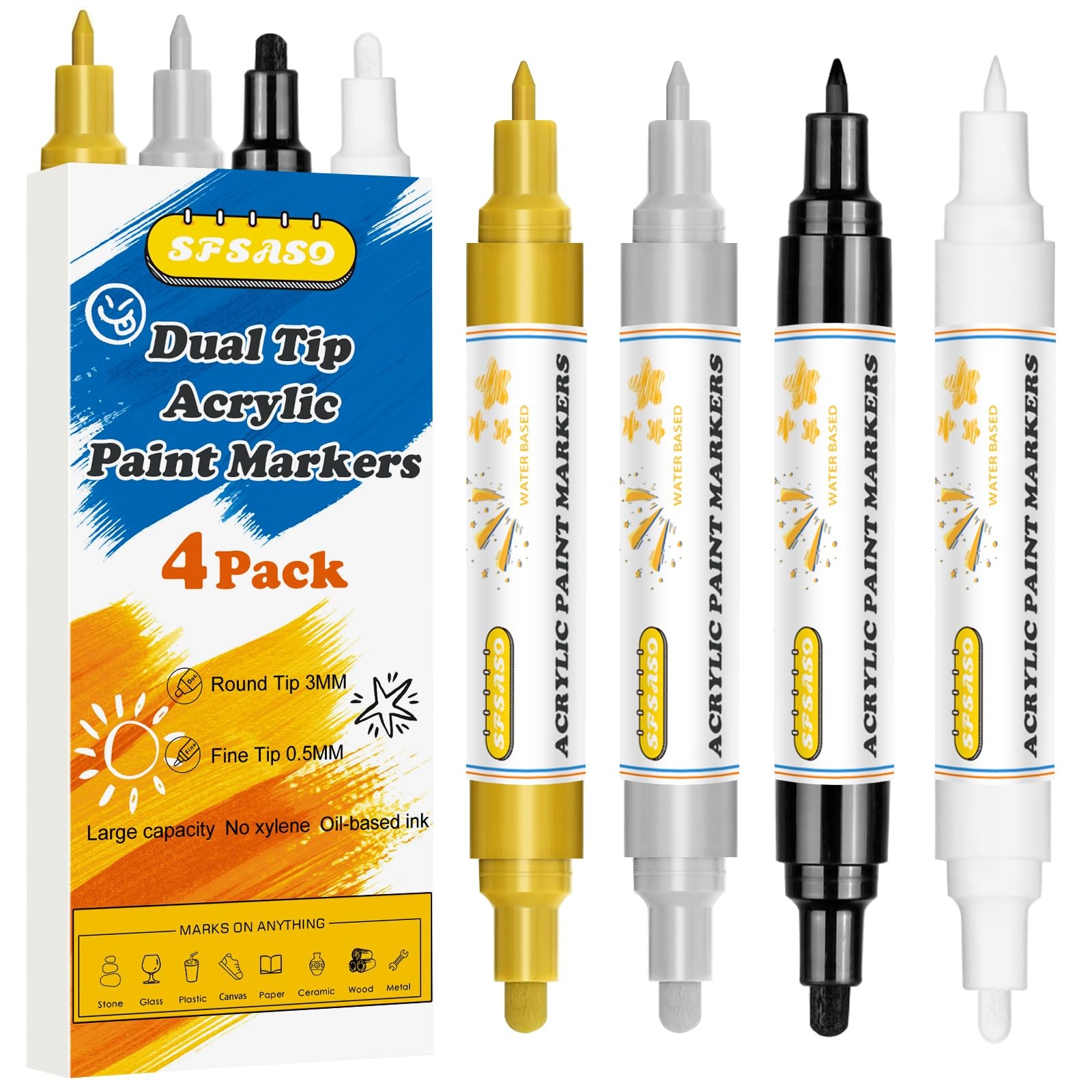SFSASO Acrylic Paint Marker Pens 1 Count (Pack of 4), Black/White/Gold/Silver 