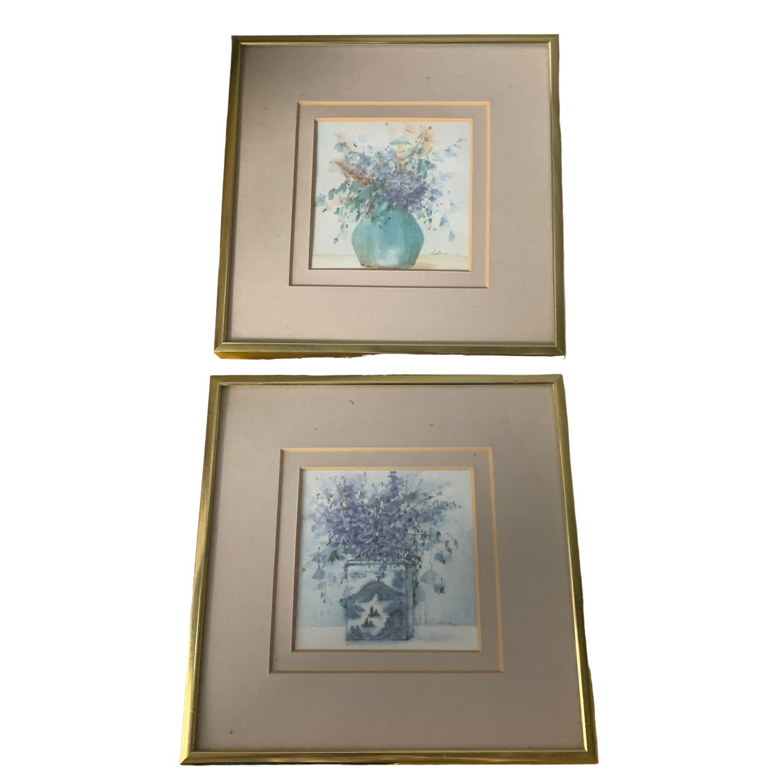Signed Floral Watercolor Paintings 8x8" Framed Wall Art Decor Set of 2