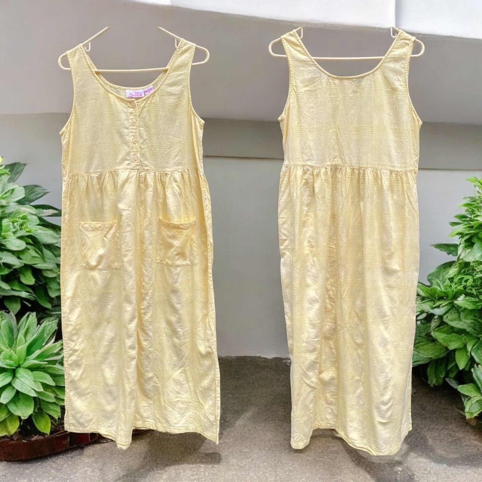 Vtg SITA Butter Yellow Sundress M 100% Cotton Cottagecore Plaid Texture Pocket