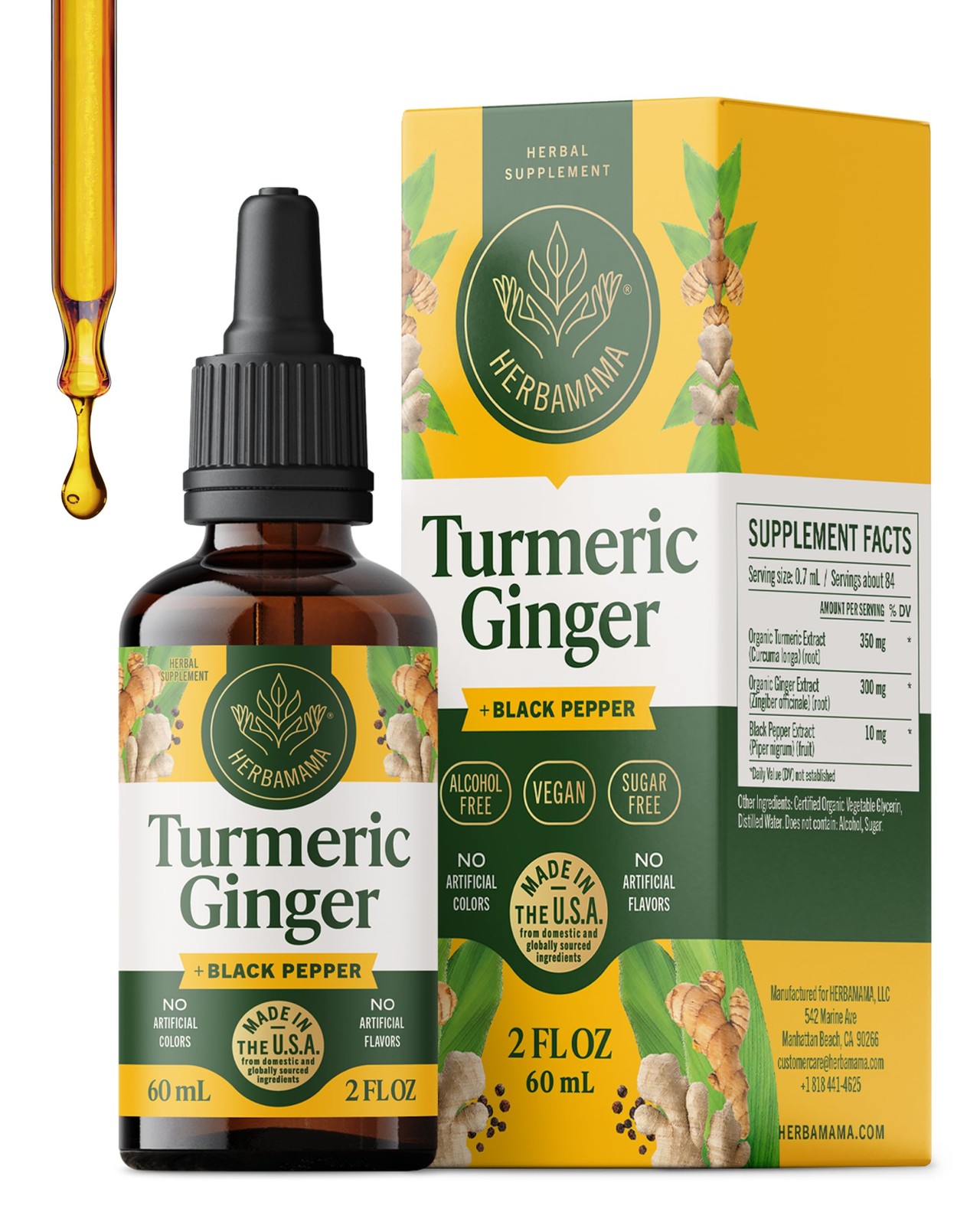 HERBAMAMA Turmeric Curcumin and Ginger Supplement  Vegan Immune Blend with Li...