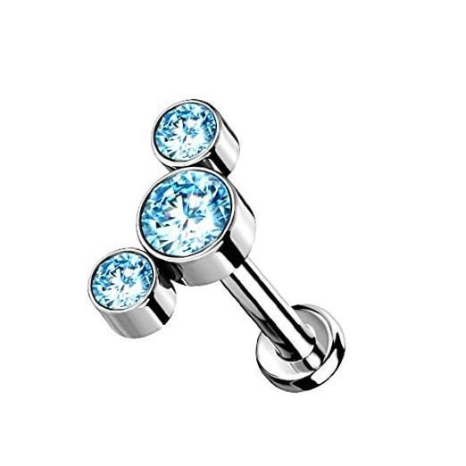  - 16-G23 Implant Grade Titanium Threadless Push-In Triple Round CZ 18GA Aqua