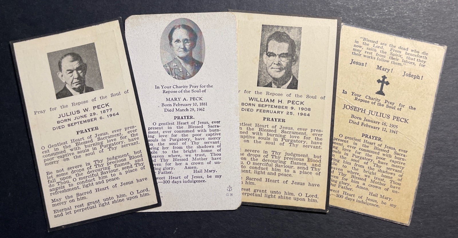 Four Death Cards members of the Peck Family Florence Alabama 1960s 4 pcs LOT
