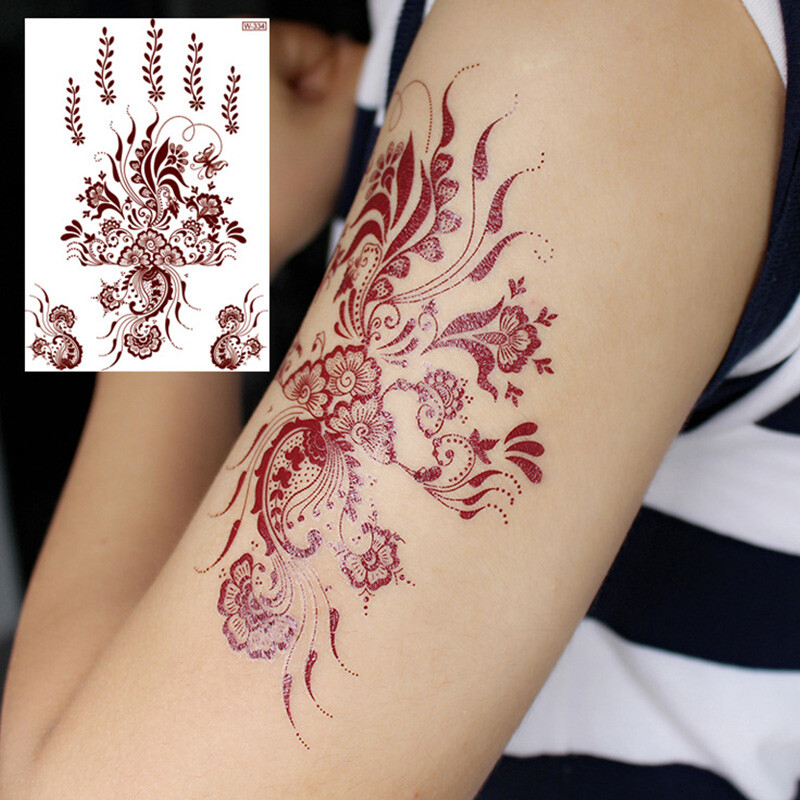 Red Tattoo Sticker Waterproof Henna Tattoo Lace Flower Temporary Fake Tattoo  θ