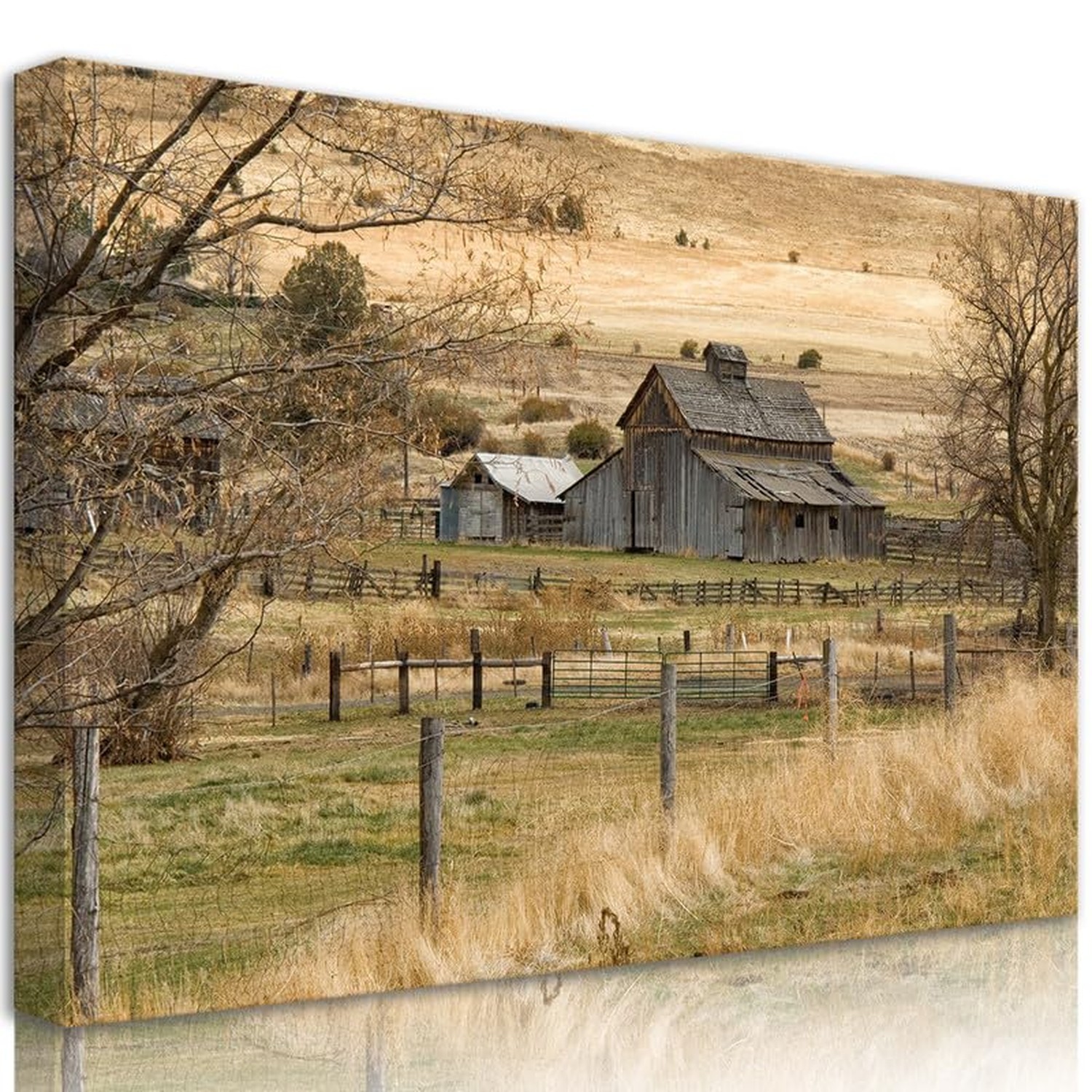 Framed Rustic Farmhouse Wall Art Vintage Barn Wall Art Country Field Landscap...