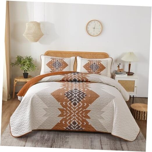  Boho Quilt Set King Size 3 Pieces Aztec Texture King 90“×103” Terracotta