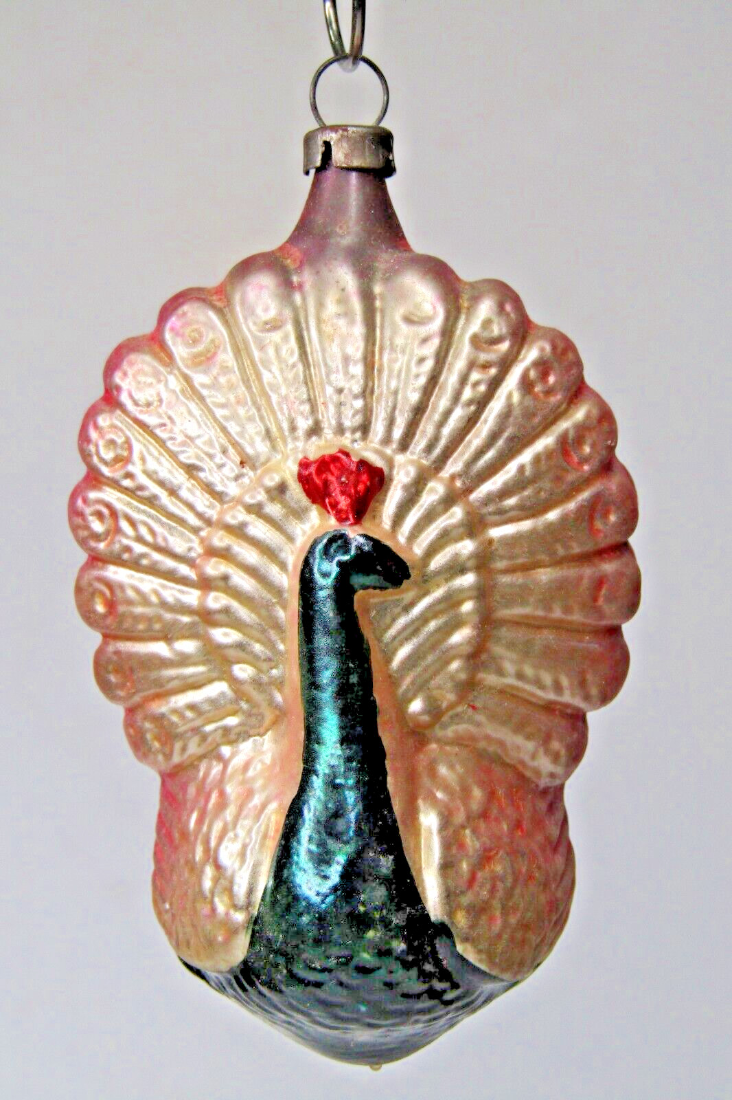 Vintage Blown Glass Bumpy PEACOCK Bird Pink Gold Christmas Ornament Germany