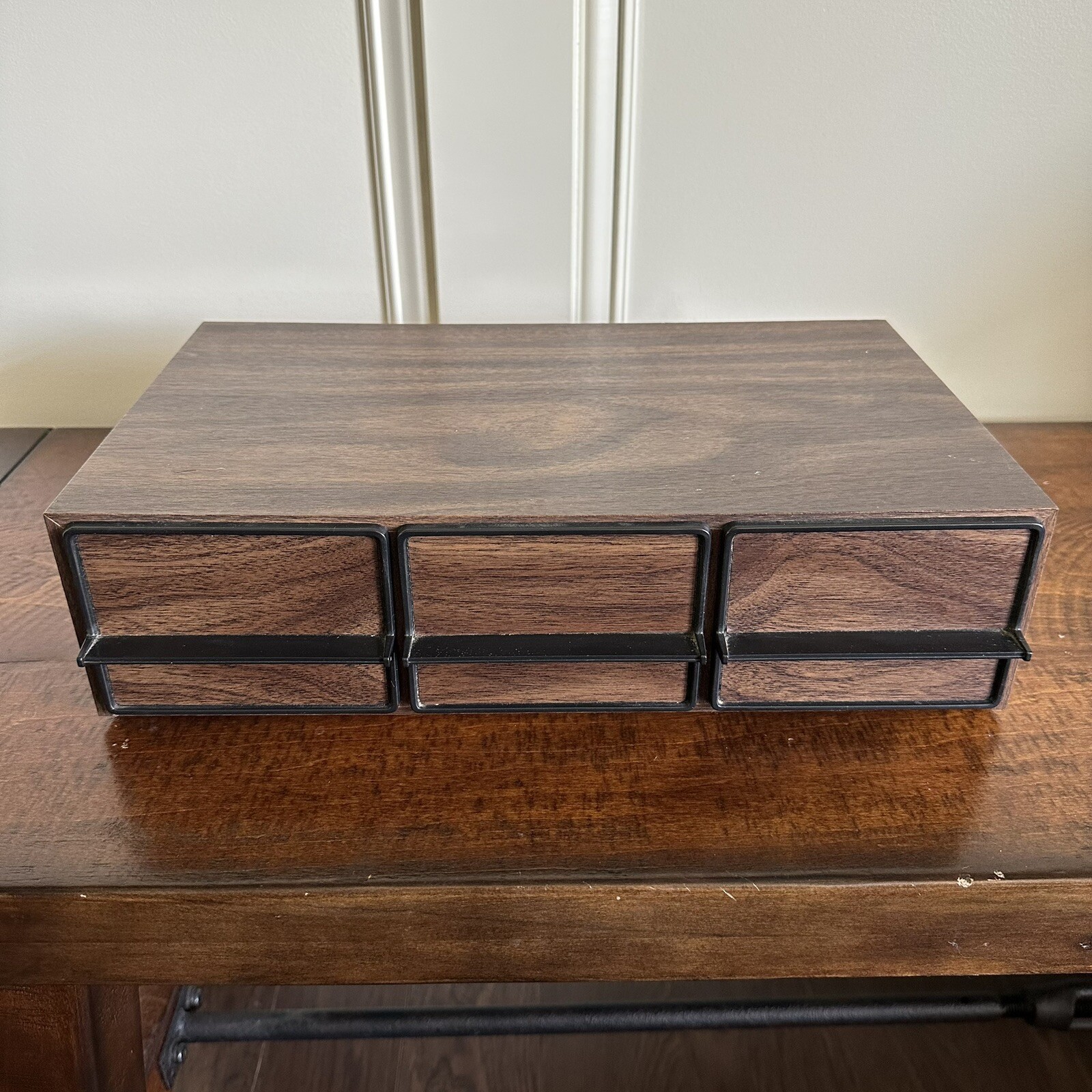 Vintage 3-Drawer Faux Wood Cassette Tape Storage Cabinets - Walnut