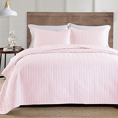 3-Piece Queen Quilt Set, Lightweight Soft Warm Queen(90x90) Pink/ Leaf 001