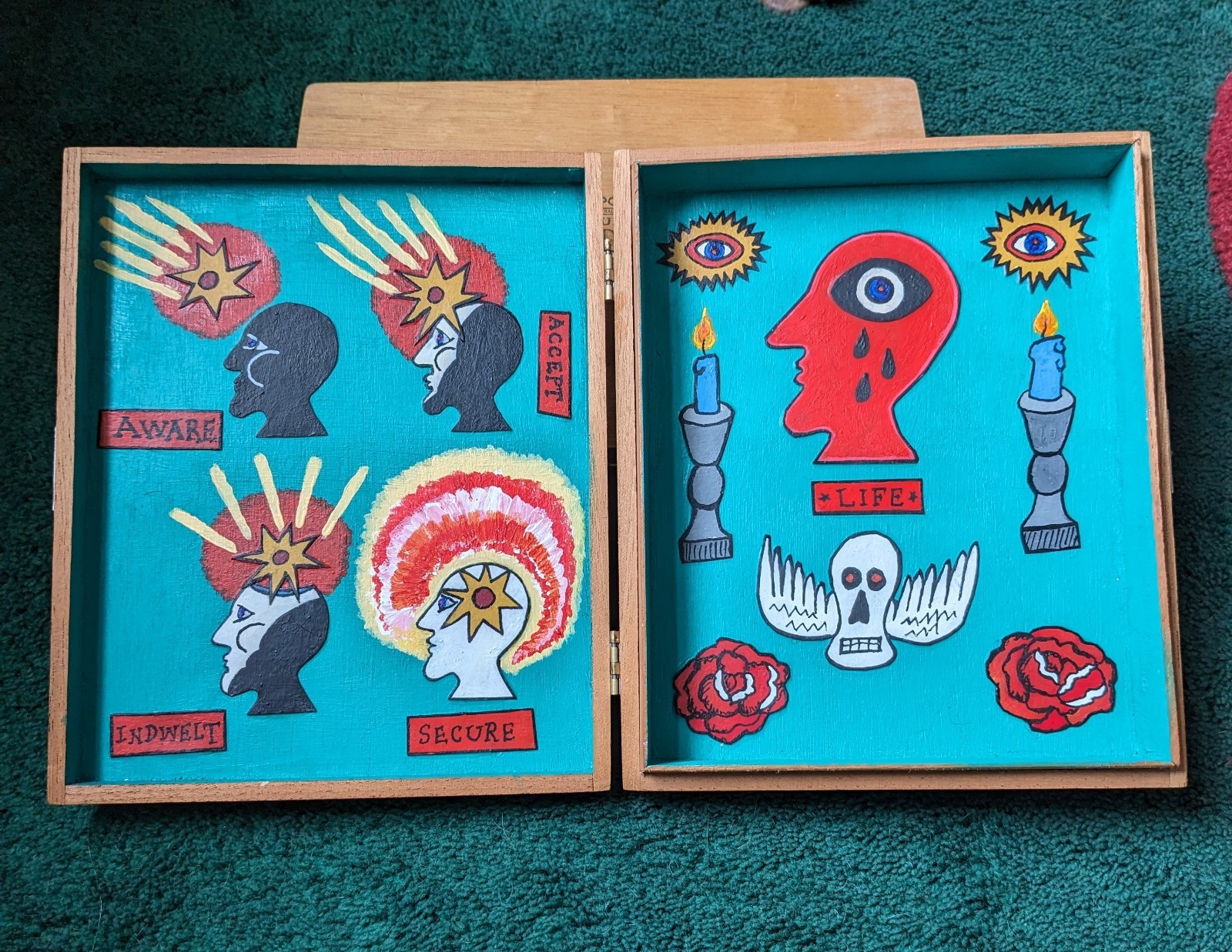 'Awakening To Life' Cigar Box Collage Painting Art Outsider Folk "10X9"X2" OOAK