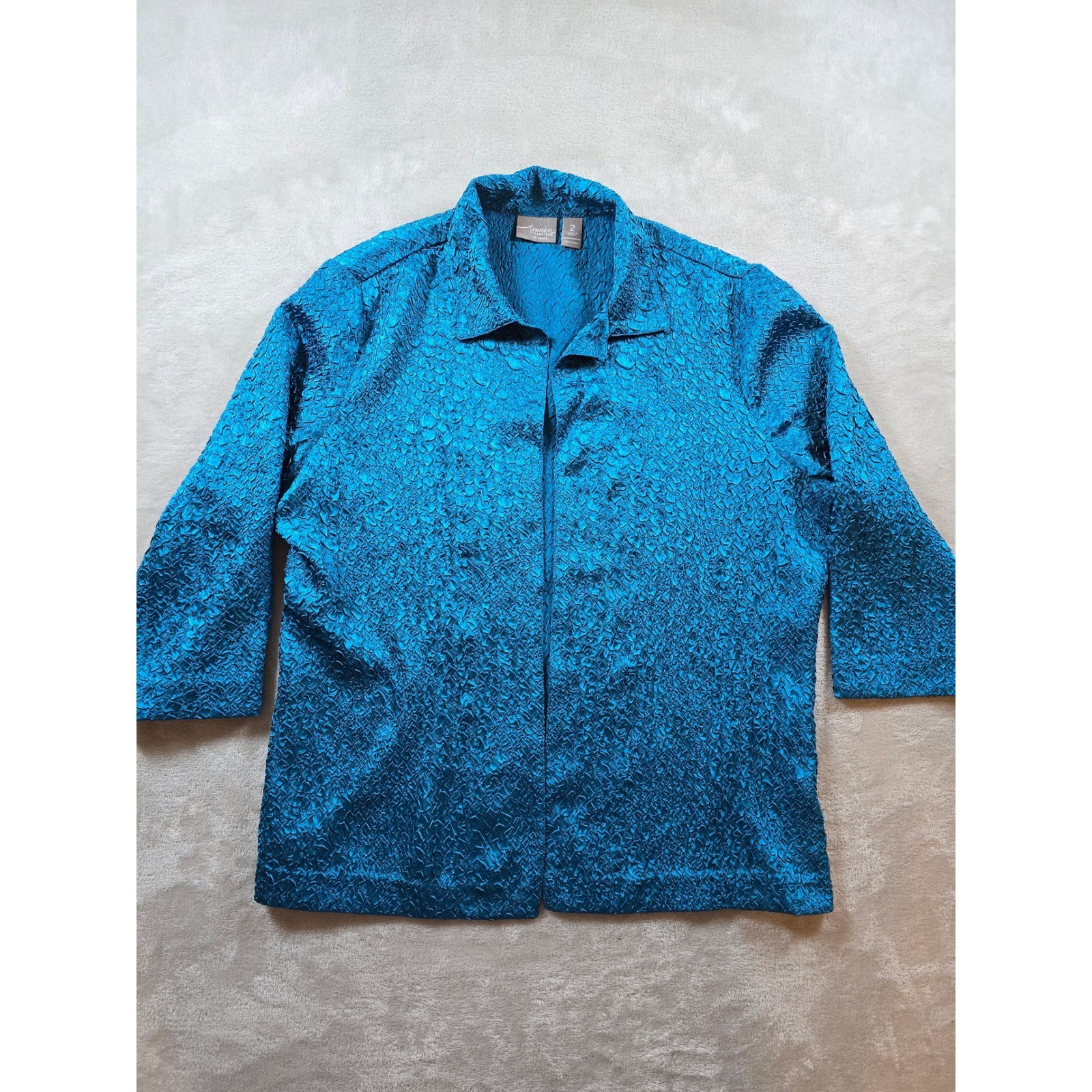 Travelers Collection by Chico's Top Shirt Blouse Womens Blue Textured Crinkle