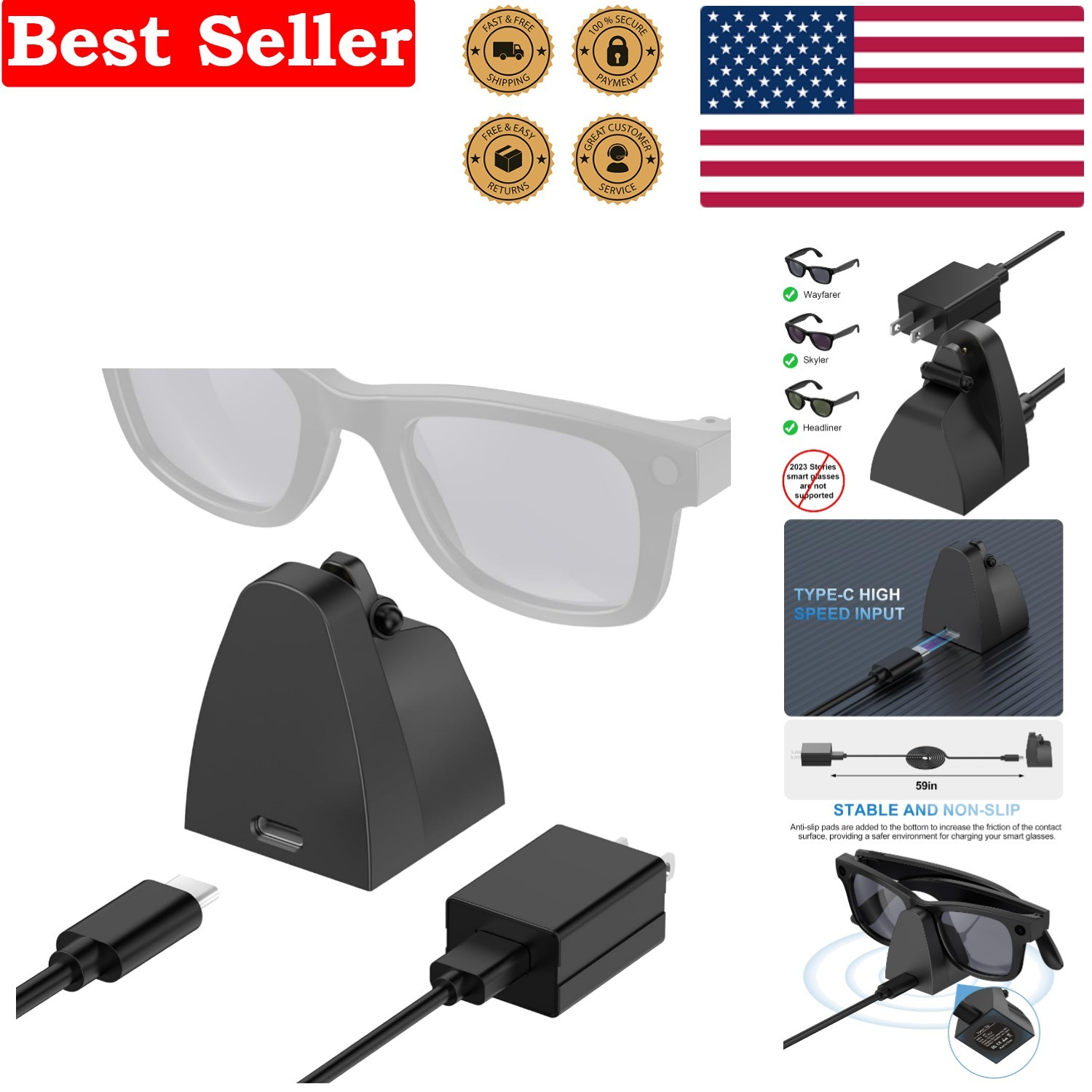 Lightweight USB-C Charging Dock for Gen 2/1 Wayfarer & Skyler Smart Glasses