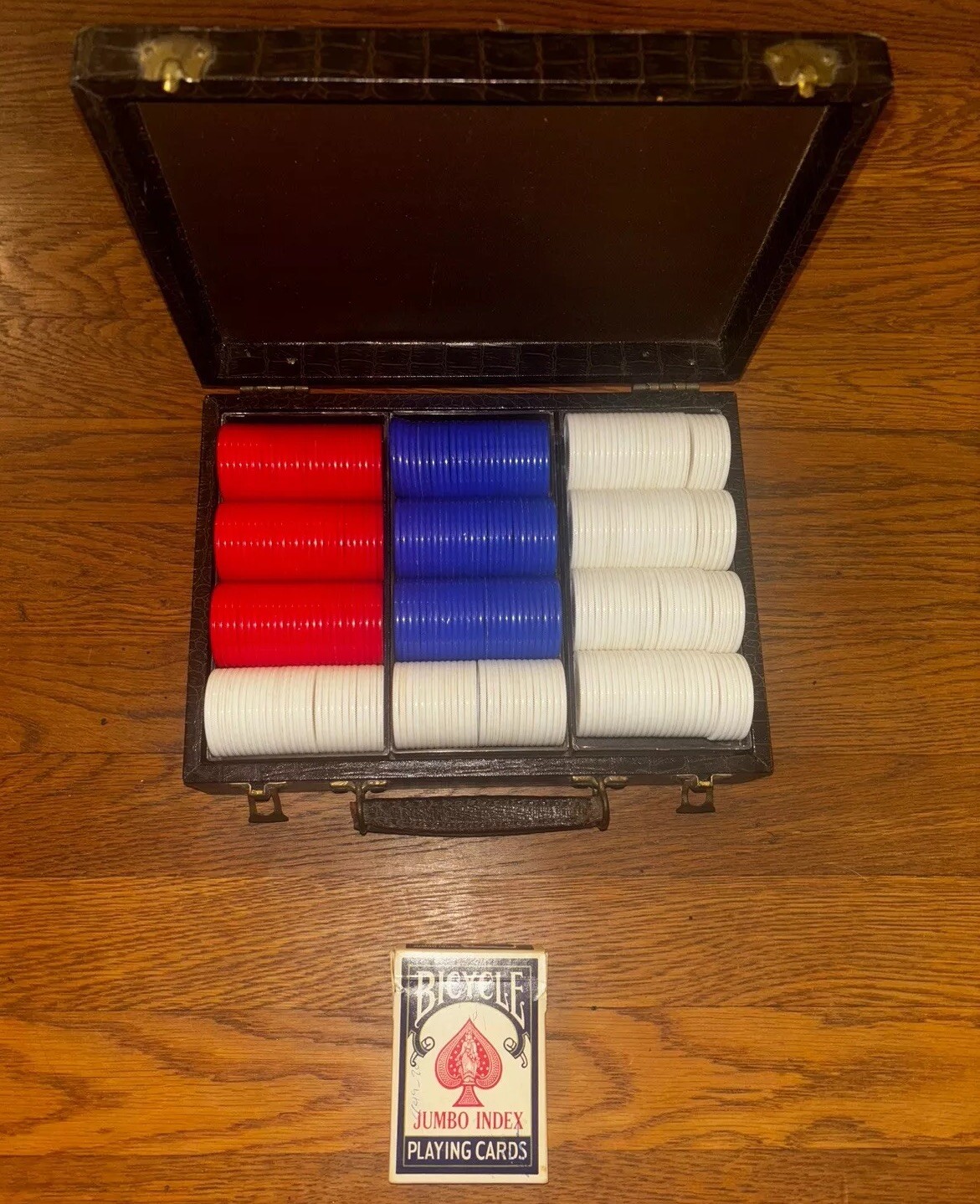 Vintage Poker Chip Set Alligator Case Bicycle Playing Card Deck USA Made