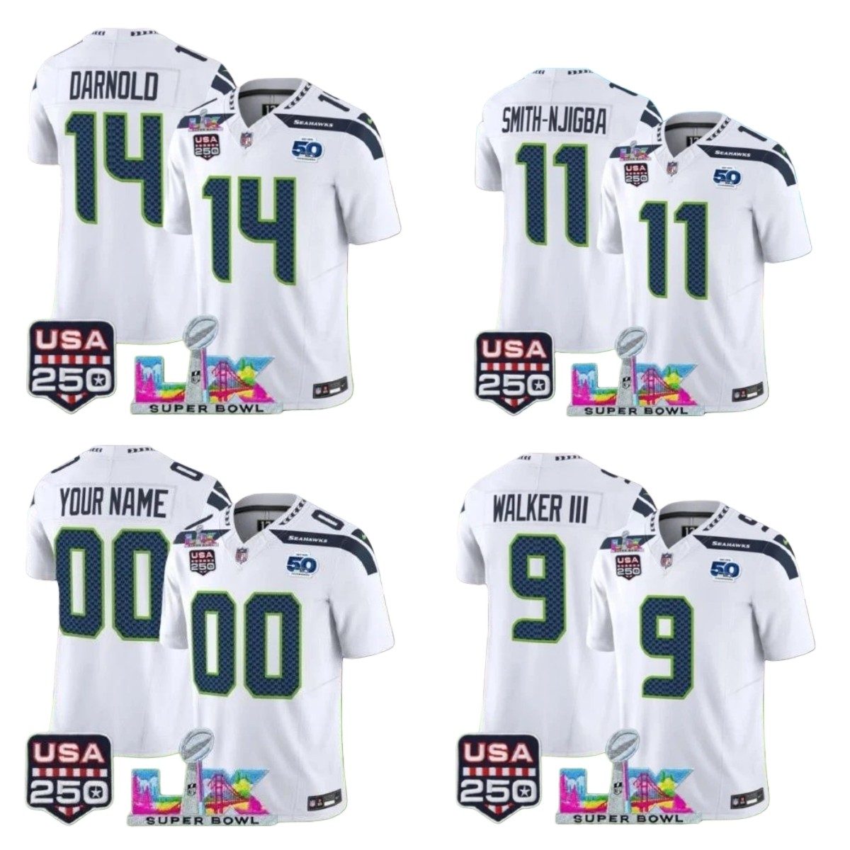 NWT Seahawks White Super Bowl LX 250th Patch MEN Stitched Custom Jersey