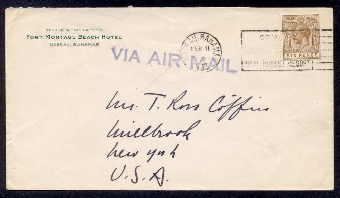 BAHAMAS 1933 KGV 6P AIR TO USA