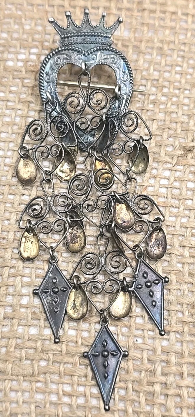 Antique 830 Silver Norwegian Solje Dangle Brooch Pin Heart Cross & Crown