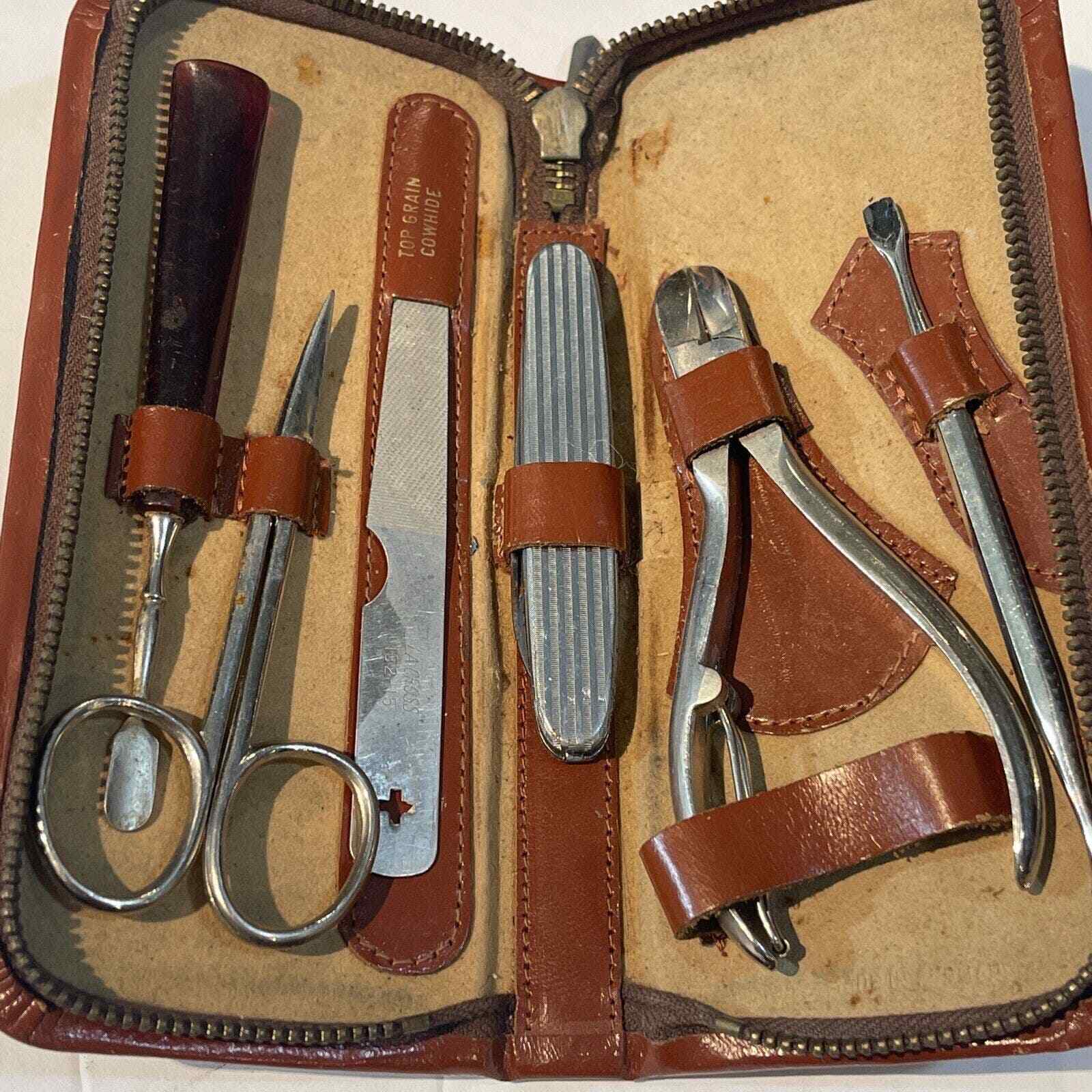 Vintage German Mail Care Cosmetic Kit Leather Cowhide Case