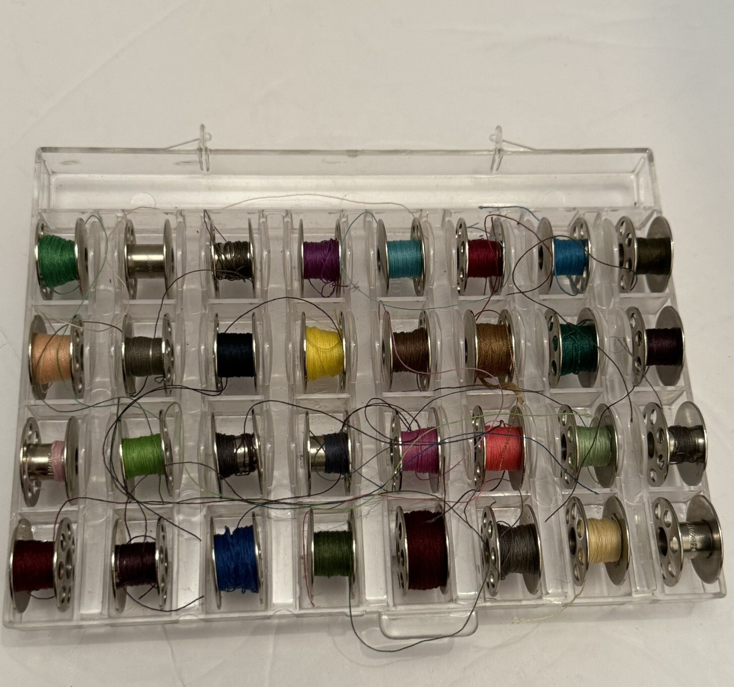 Vtg Sewing Machine Metal Bobbins 7 Hole Most w/Previous Thread Lot of 32