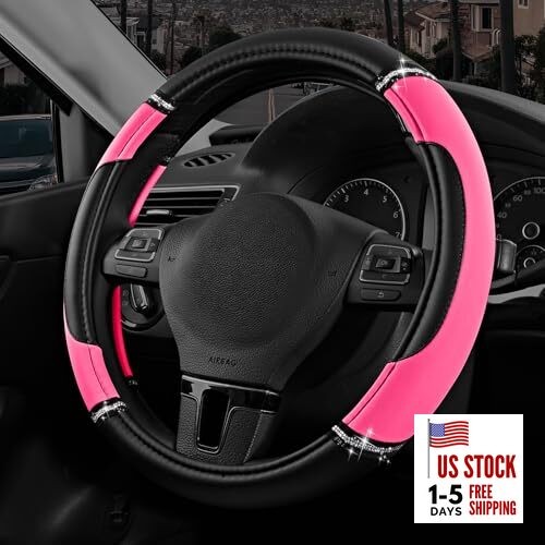  Leather Steering Wheel Cover - Made with PVC Leather - Anti-Slip, Hot Pink