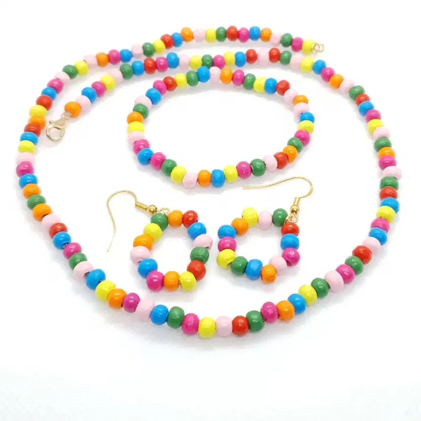 Handmade Colorful Wooden Beads Oval Earrings Folk Style