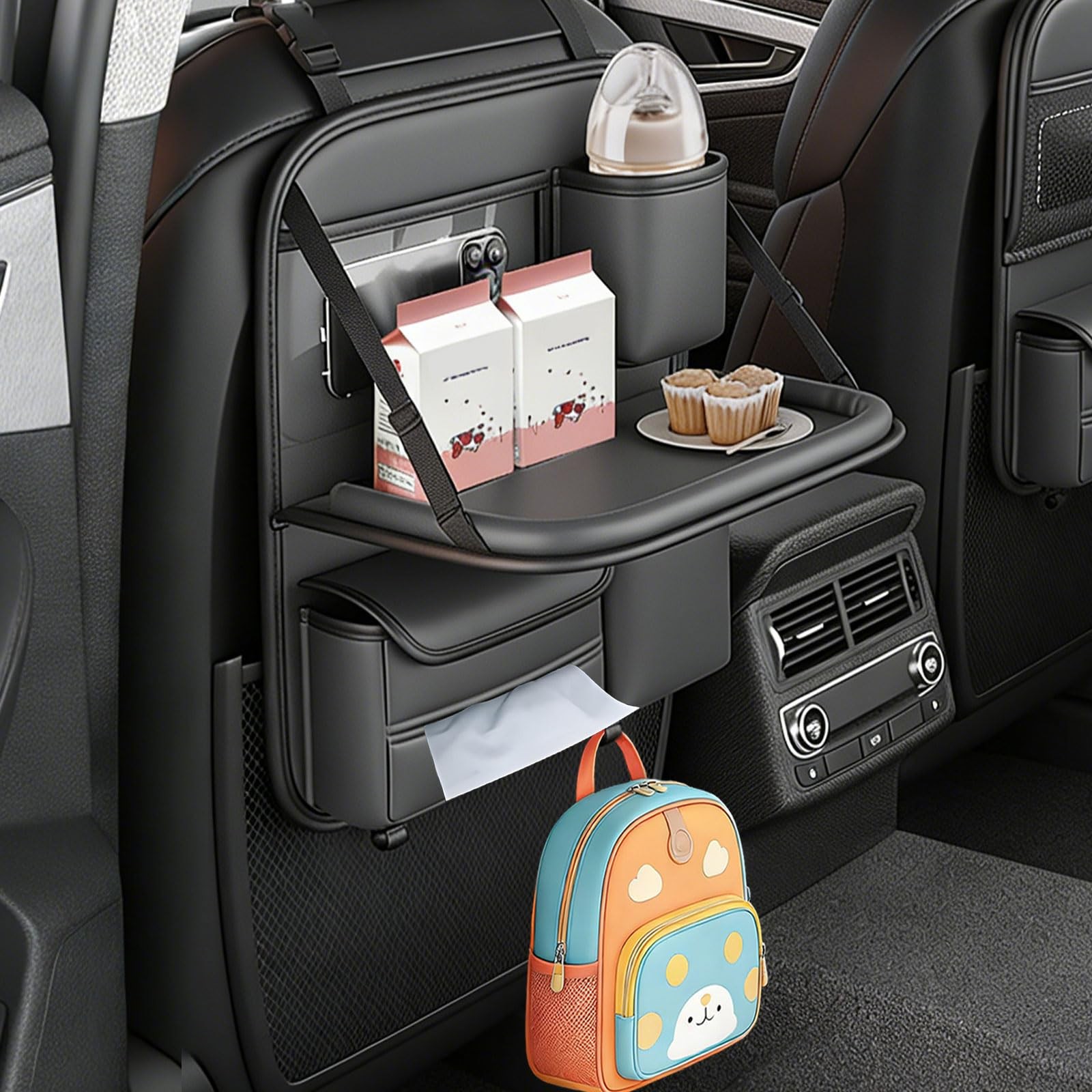 Universal Premium Leather Foldable Car Backseat Organizer with Table Tray, Se...