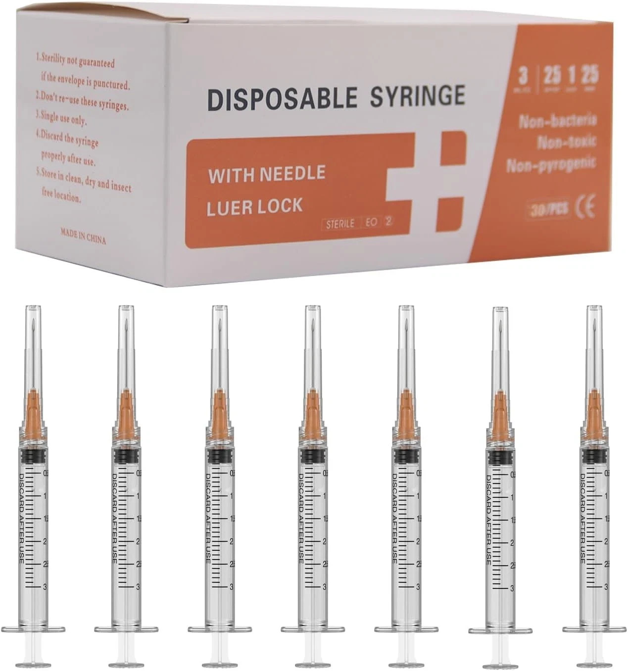25 Gauge 1 inch Needle with Syringe(30 Pack), 3ml Luer Lock Syringes with Needle